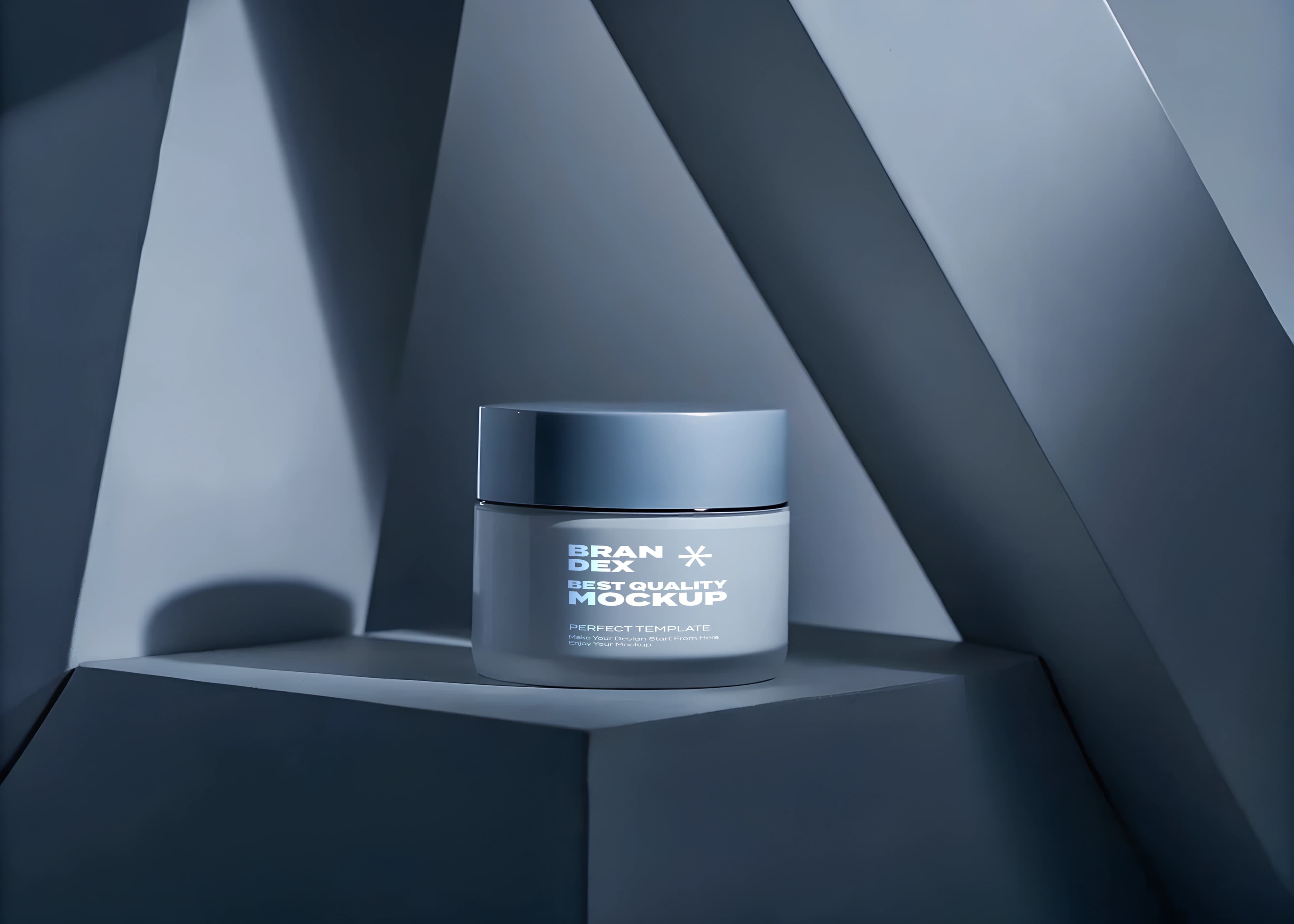 Slate Blue Cosmetic Cream Jar Mockup on Podium – Geometric Architectural Studio