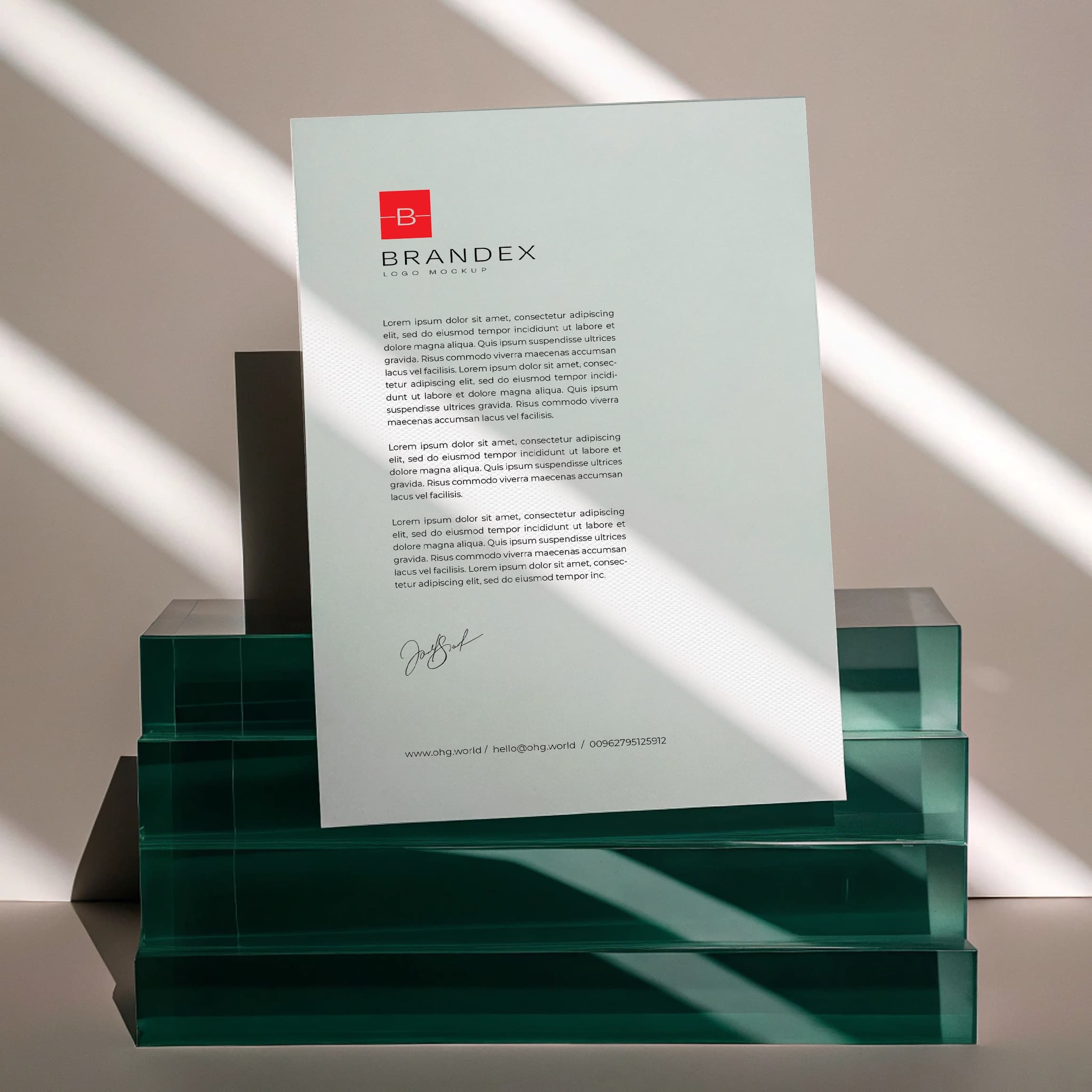 Premium Brandex Letterhead – Minimalist A4 Paper on Glass Pedestal Mockup