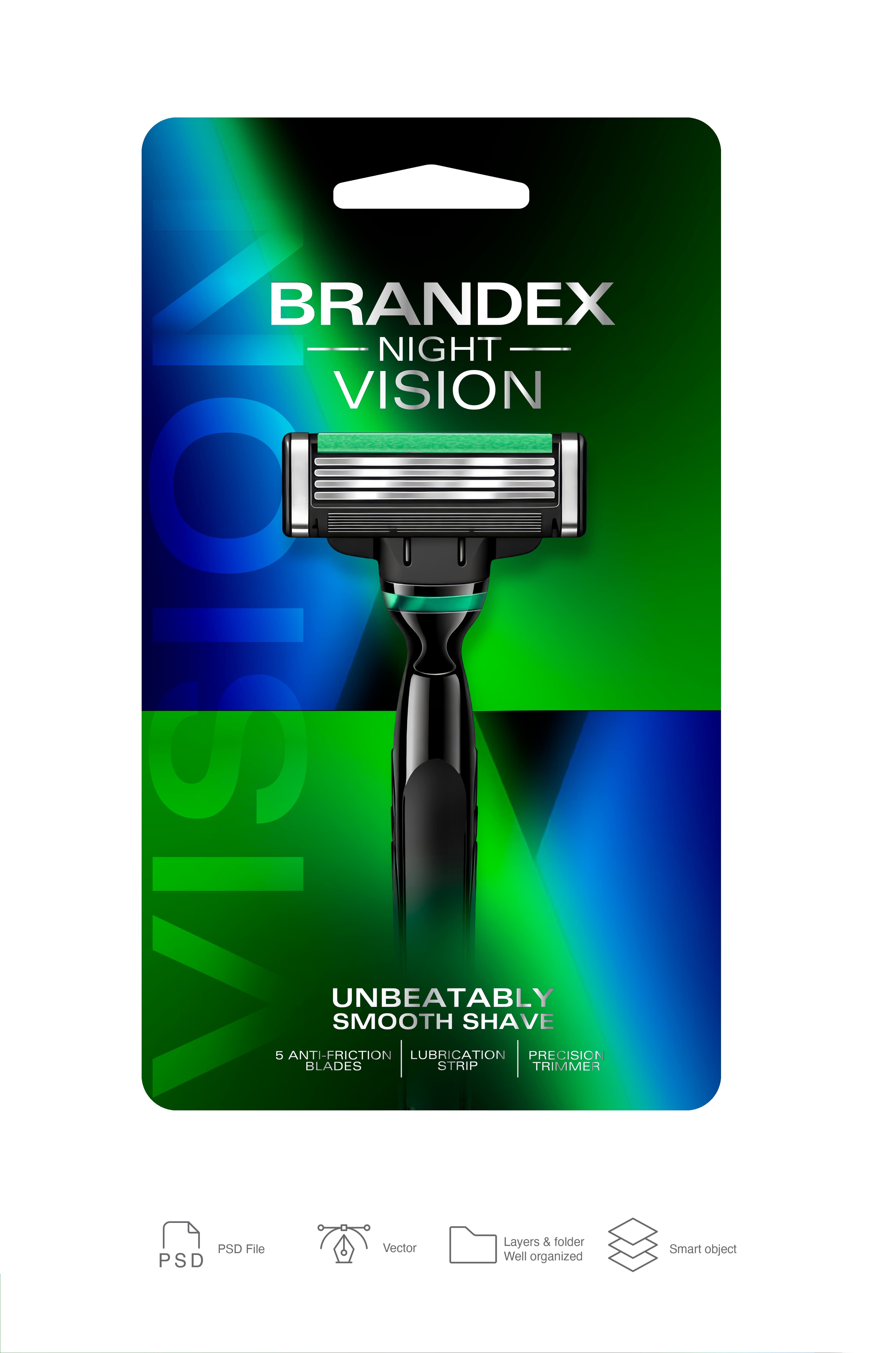 Brandex Night Vision Premium 5-Blade Men's Razor - Precision Edition Packaging Template (Green & Blue)