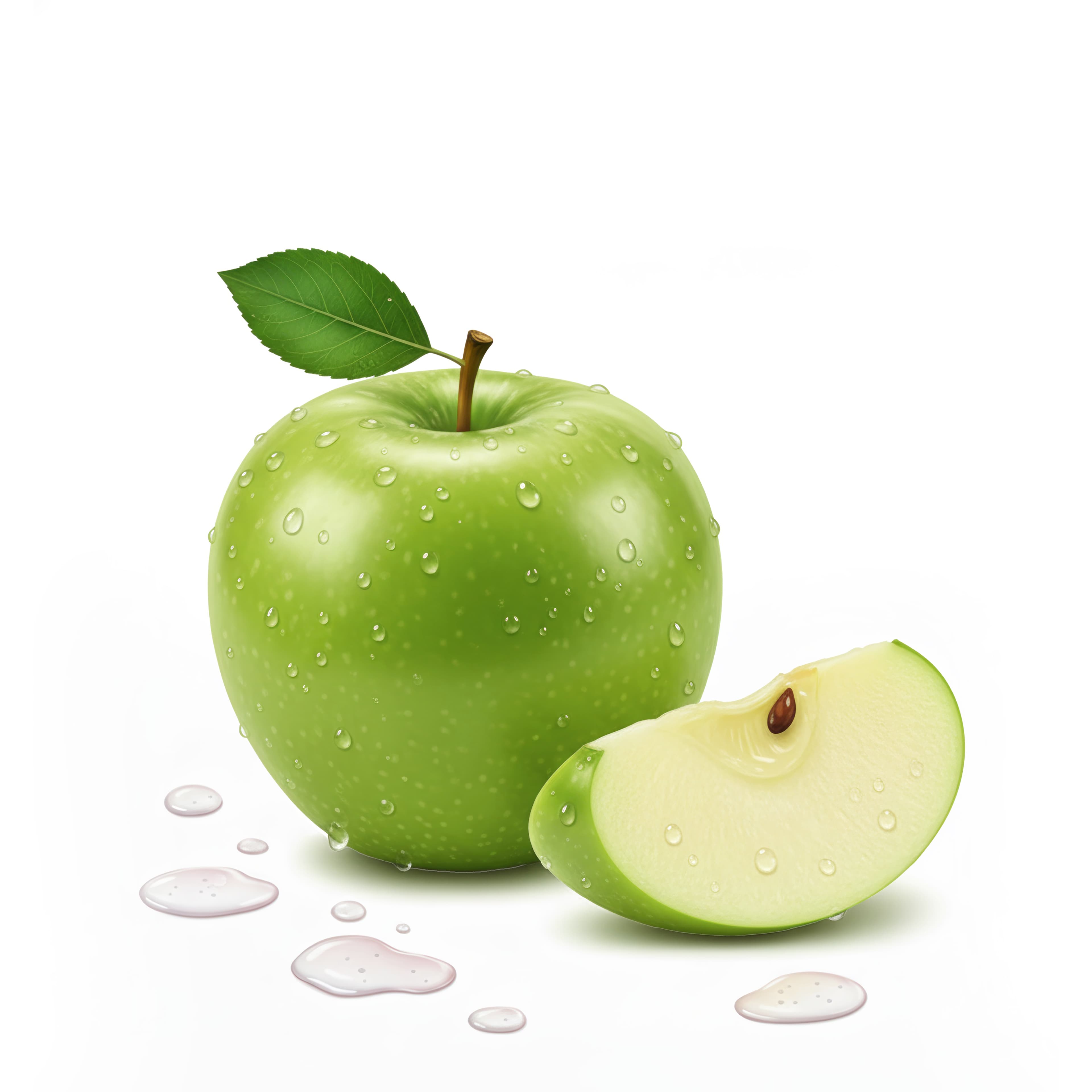 Fresh Green Apple with Slice and Water Droplets on White Background