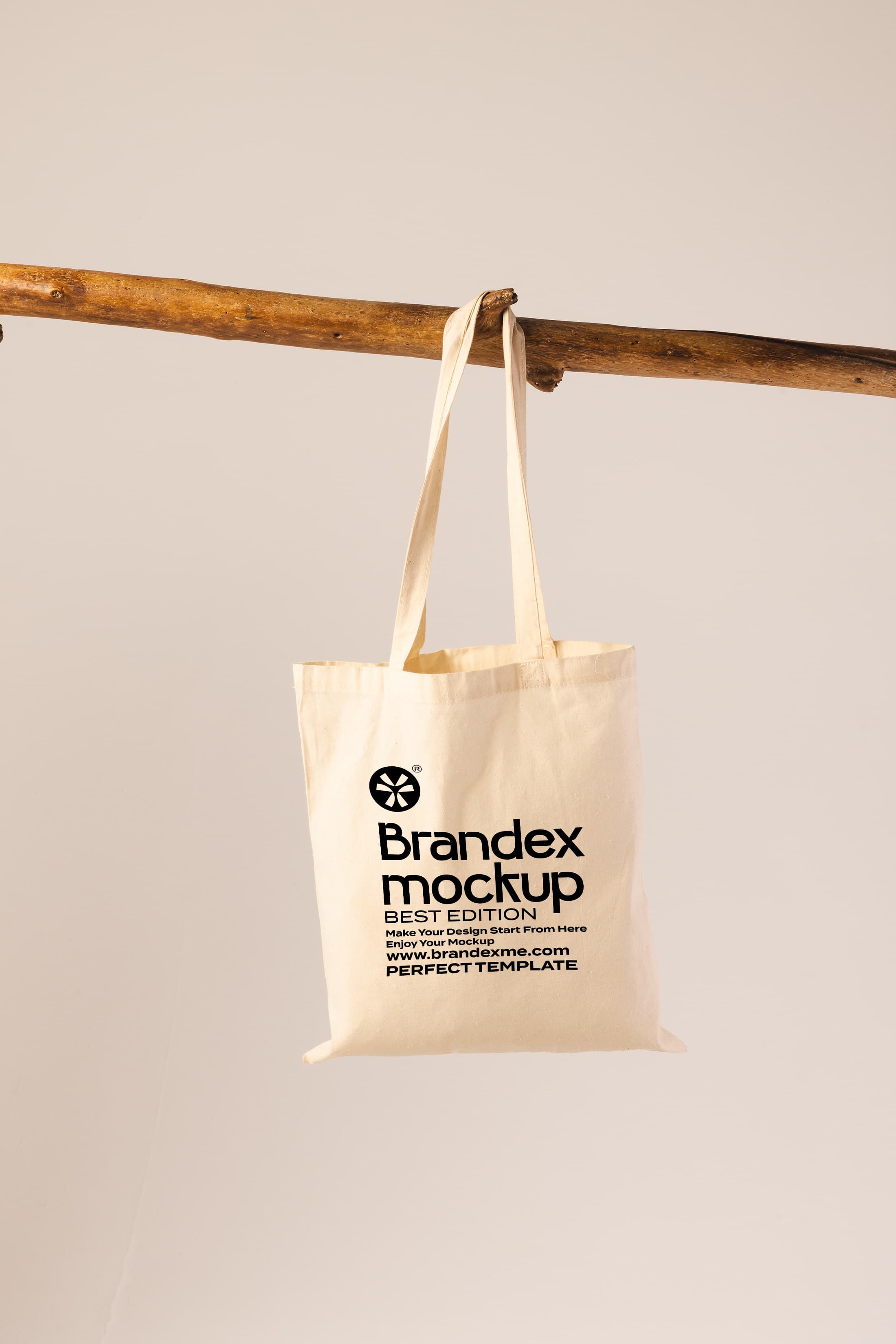 Brandex Mockup – Hanging Canvas Tote Bag on Wooden Rod