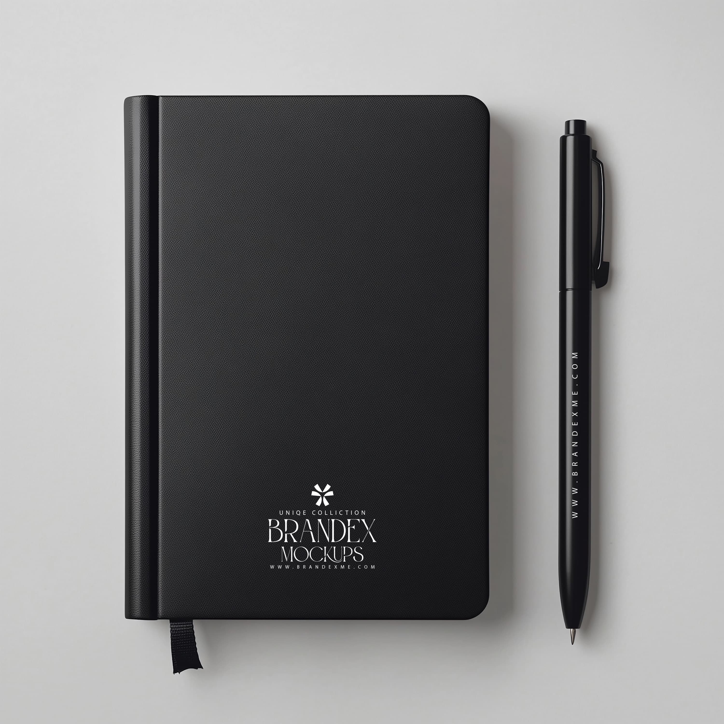 Sleek black notebook and pen mockup