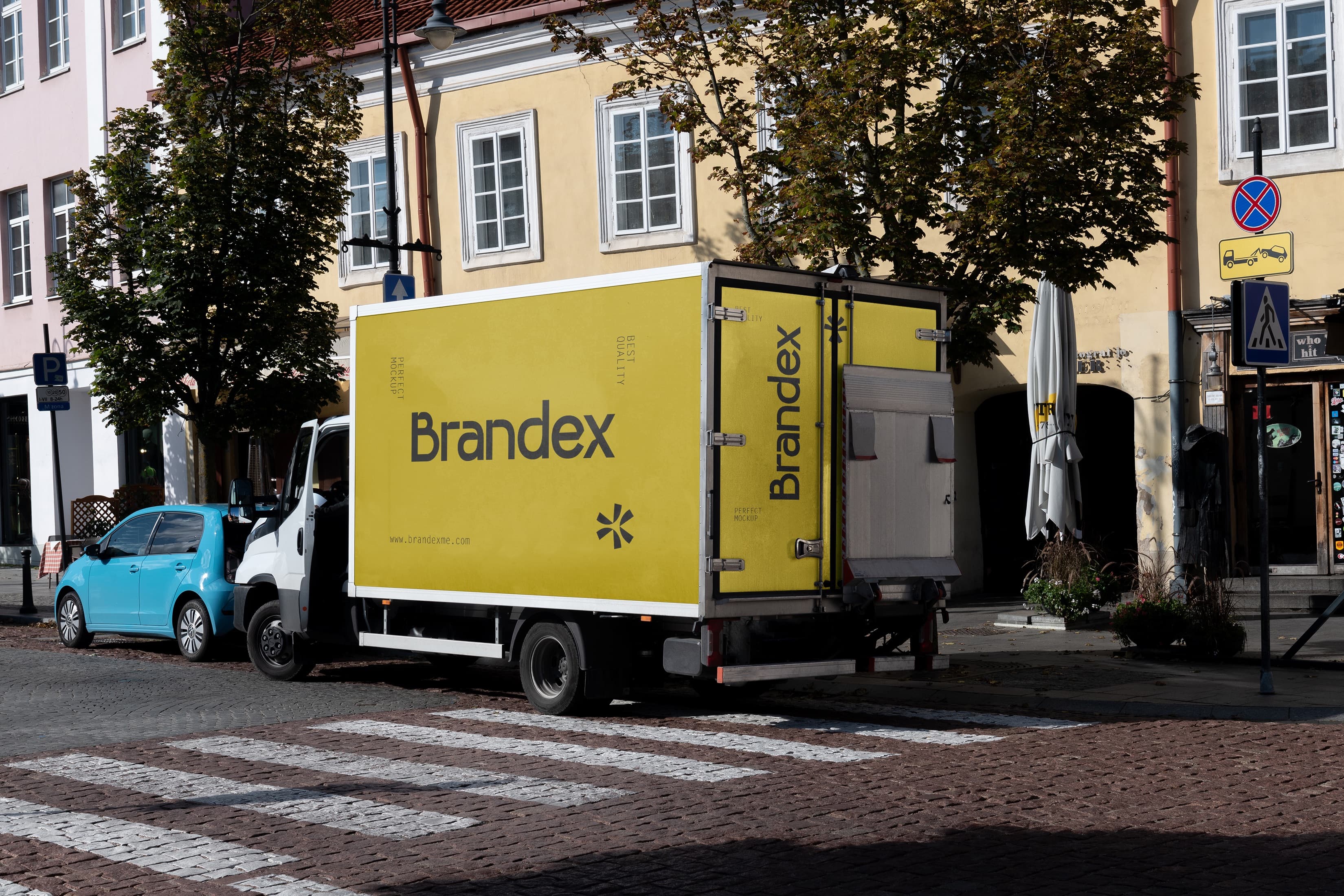 Yellow delivery truck branding mockup