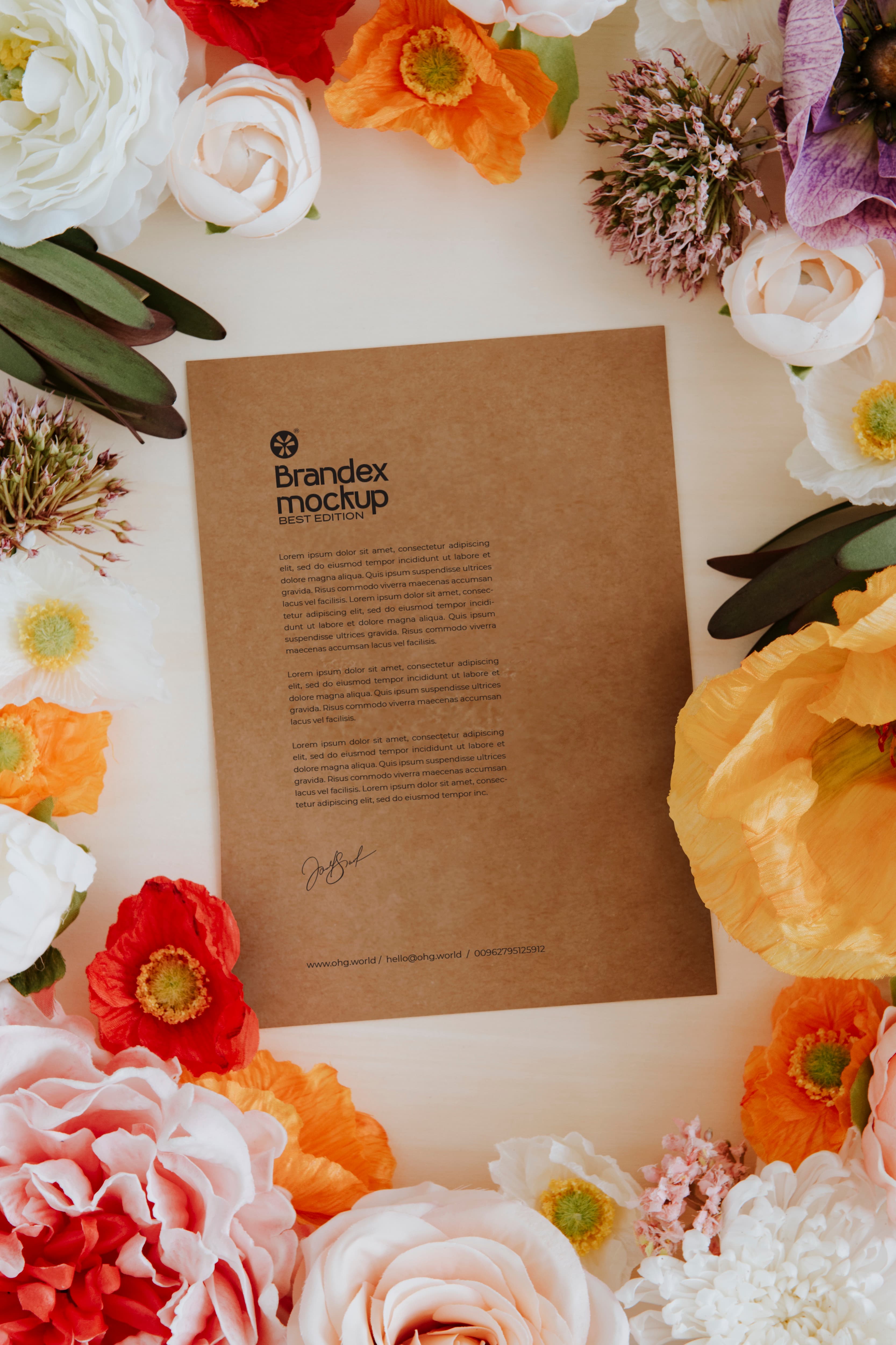 Kraft paper document mockup with floral border