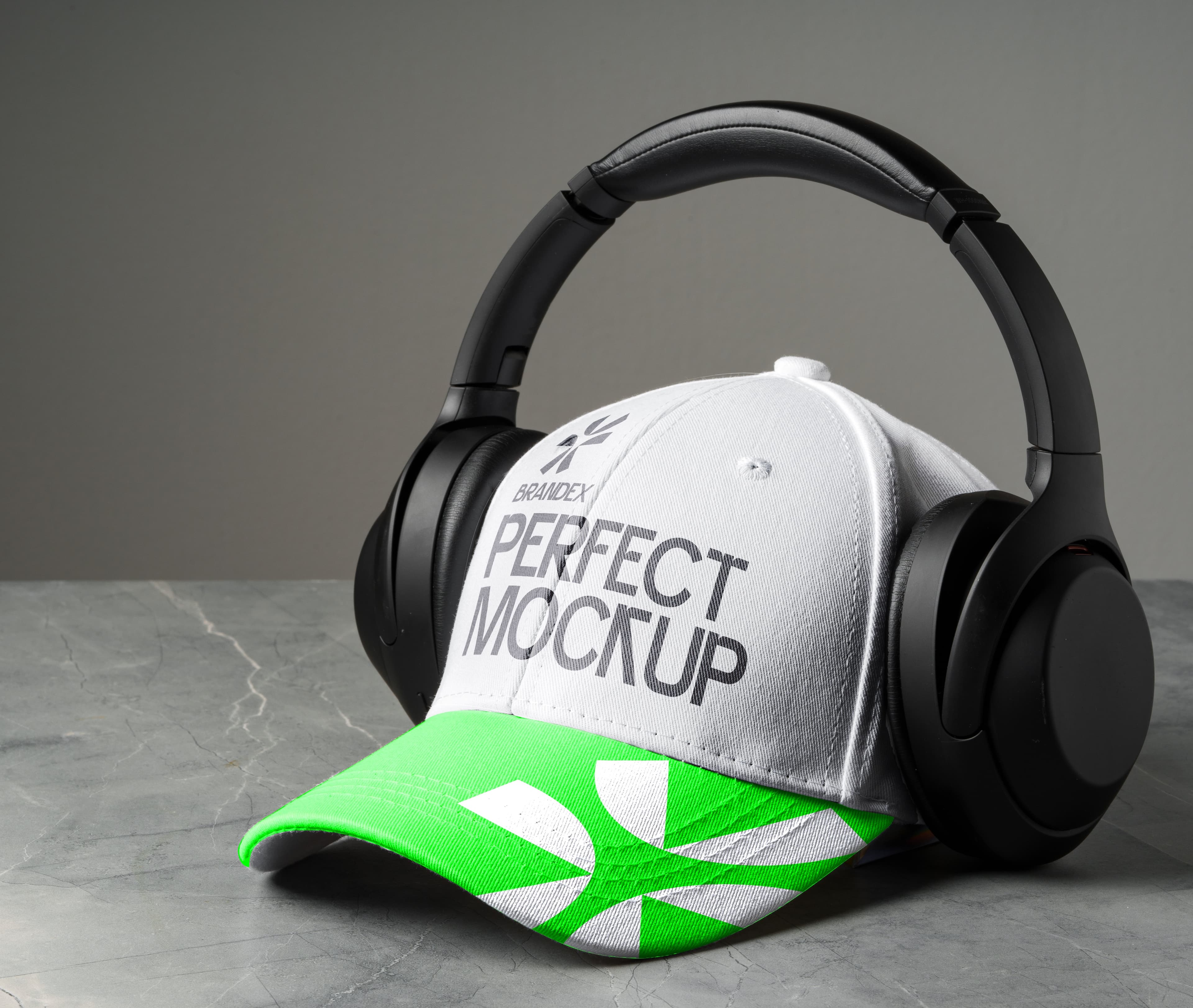 White and green cap with headphones mockup