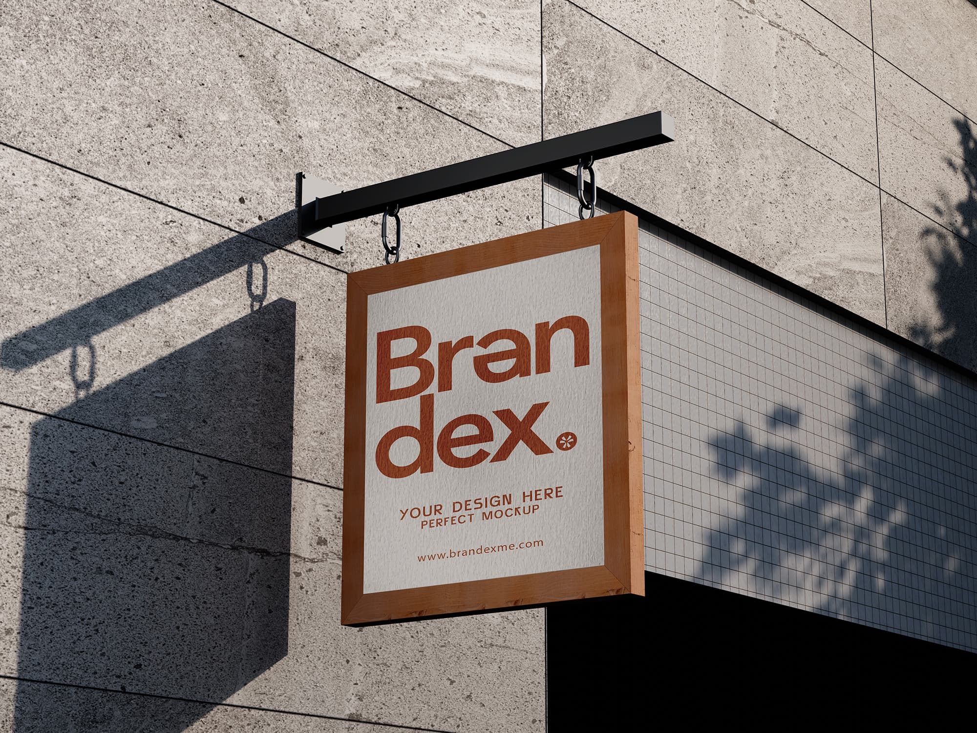 Hanging wooden frame wall sign mockup