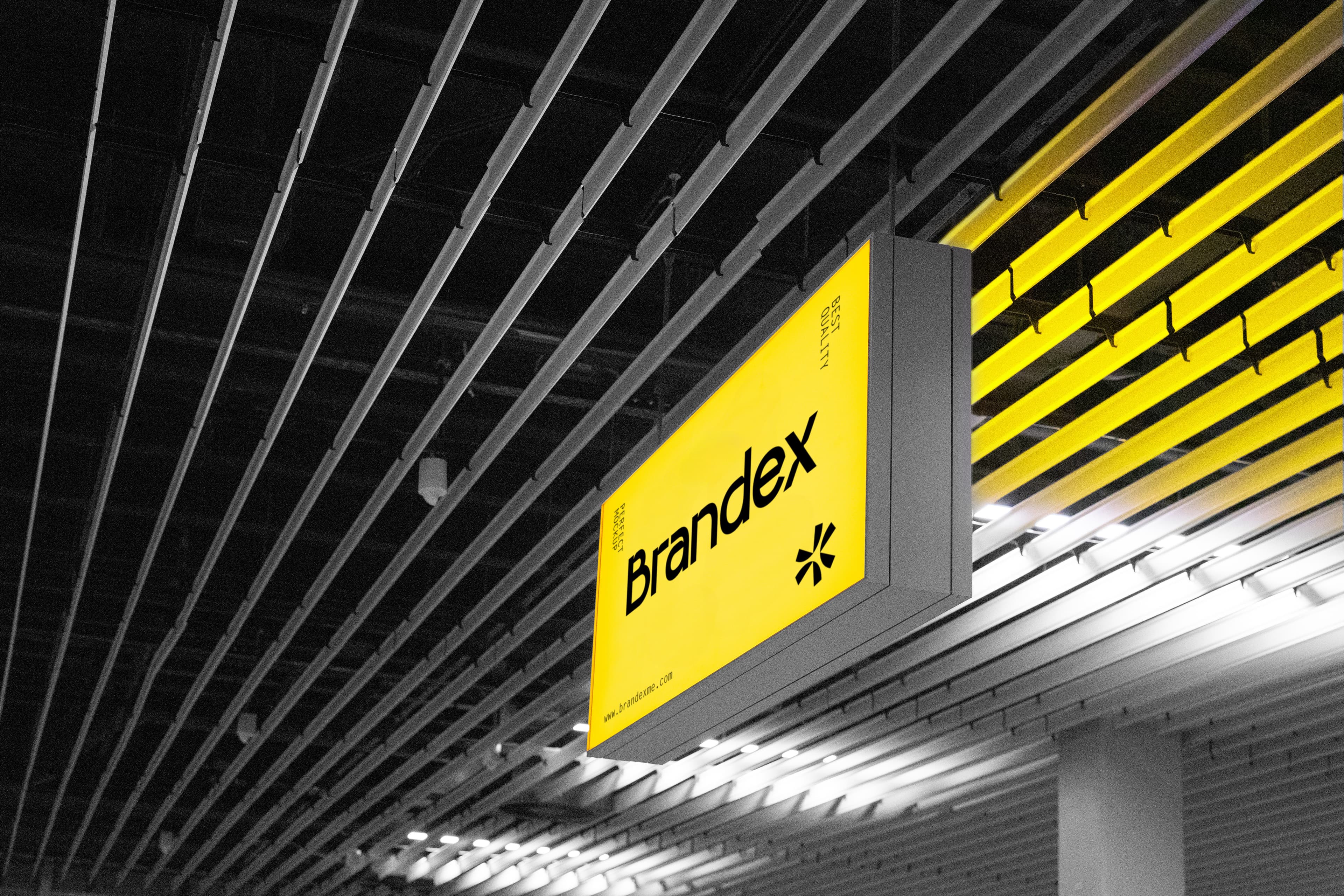 Bright yellow ceiling sign mockup