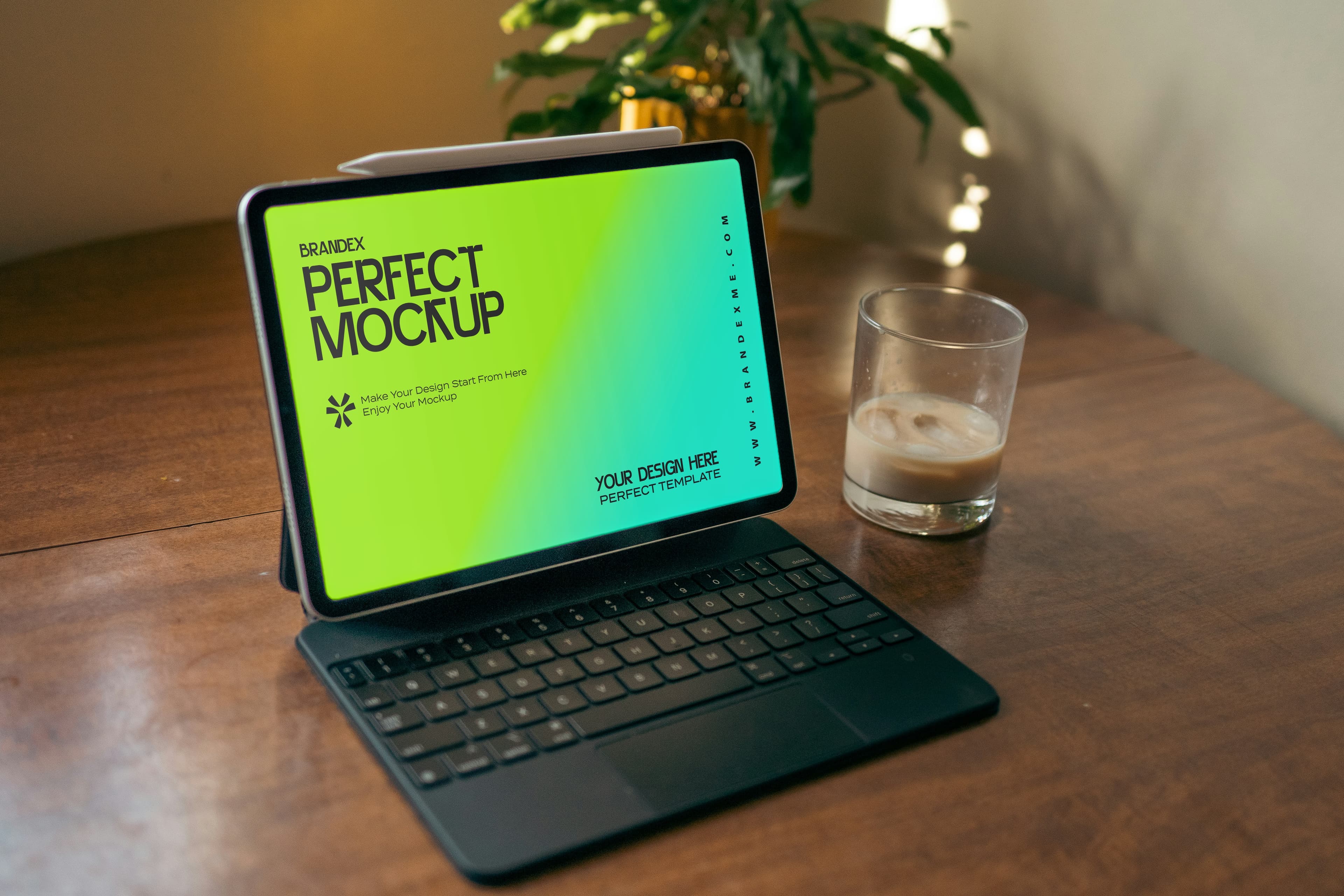 Tablet with keyboard and drink mockup