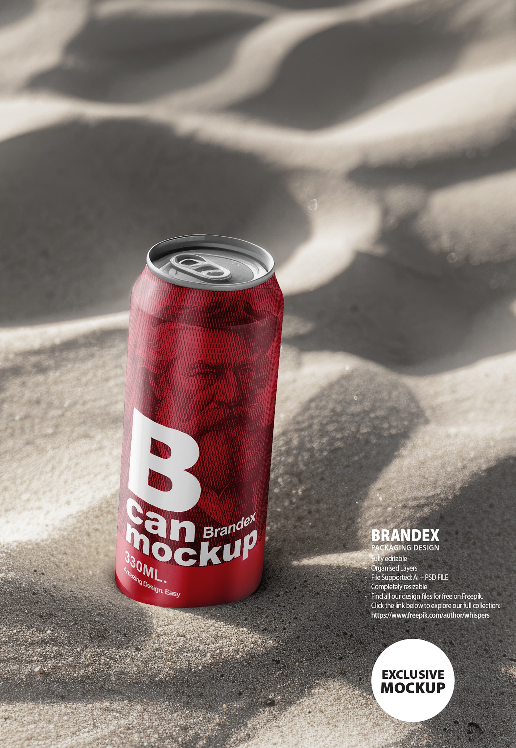 Red soda can on sand mockup