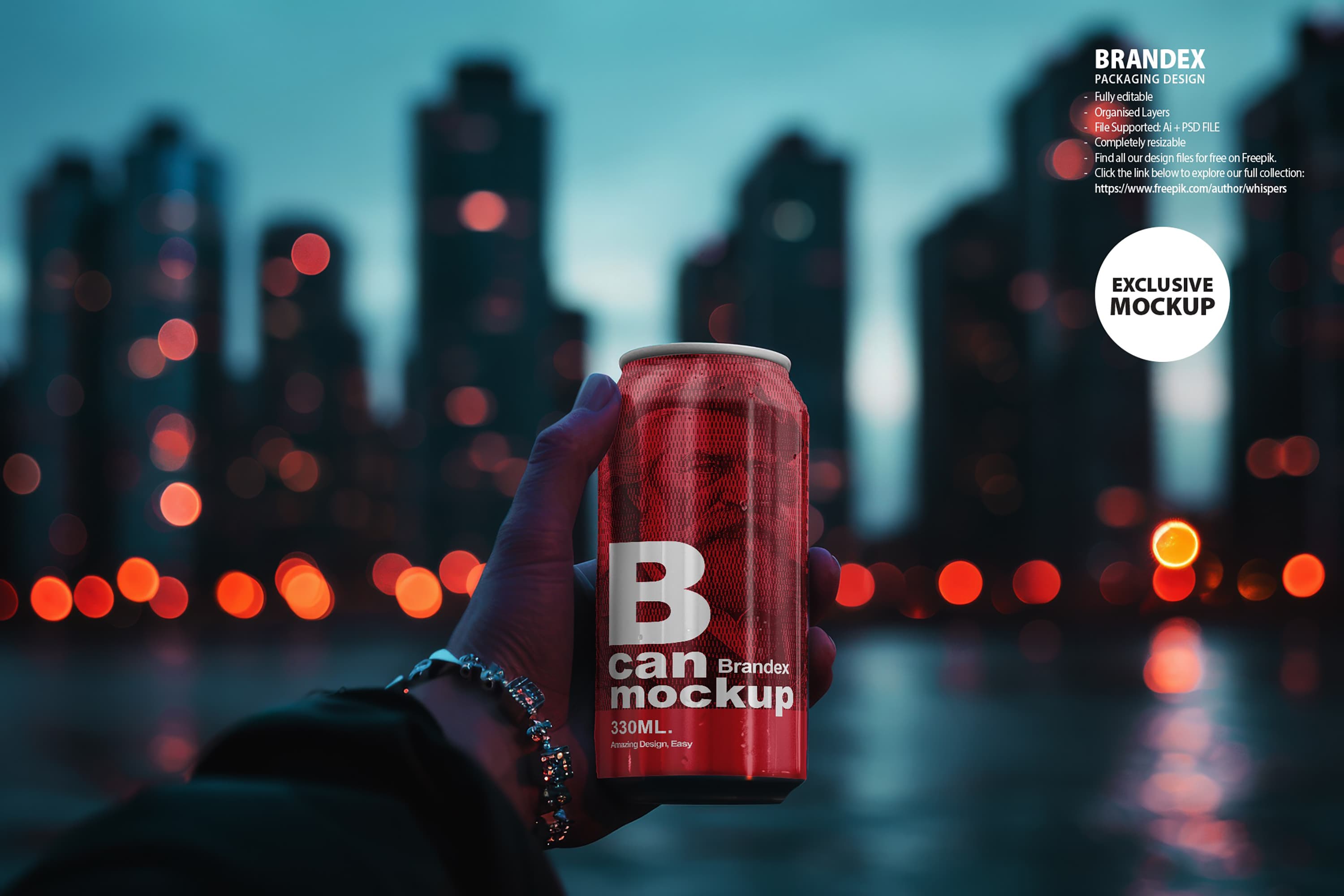 Night cityscape soda can mockup