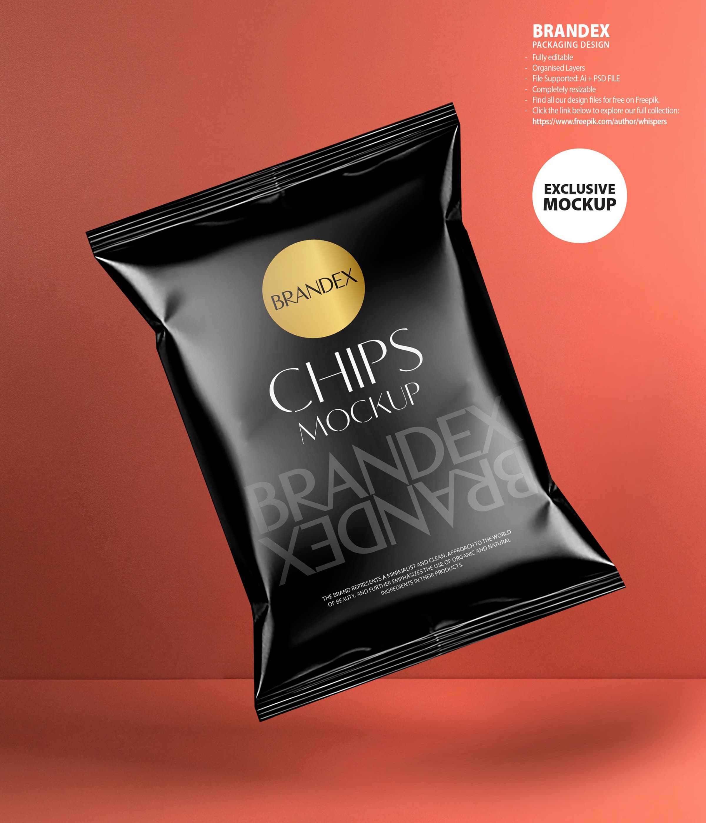Floating black chips bag mockup