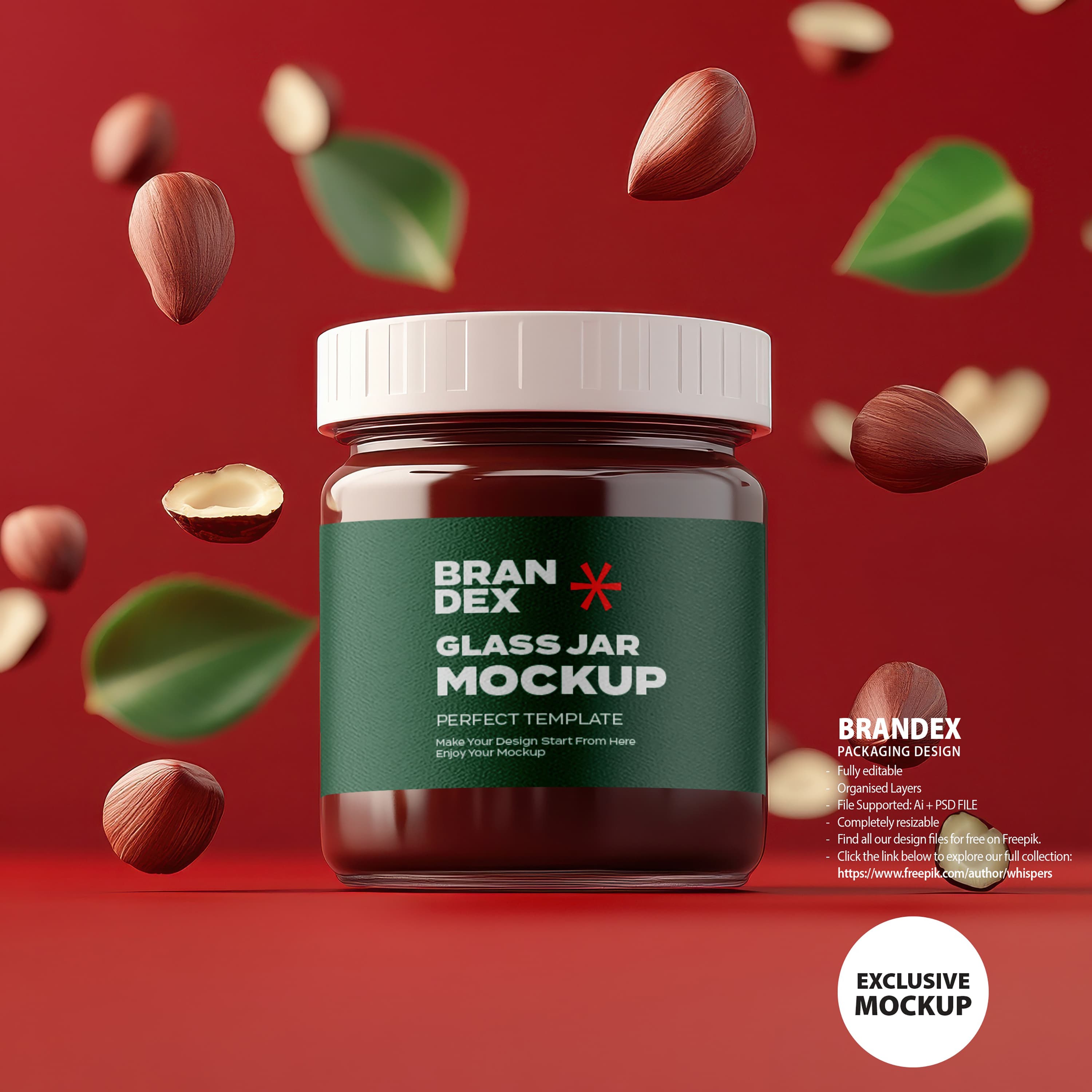 Floating hazelnut glass jar mockup