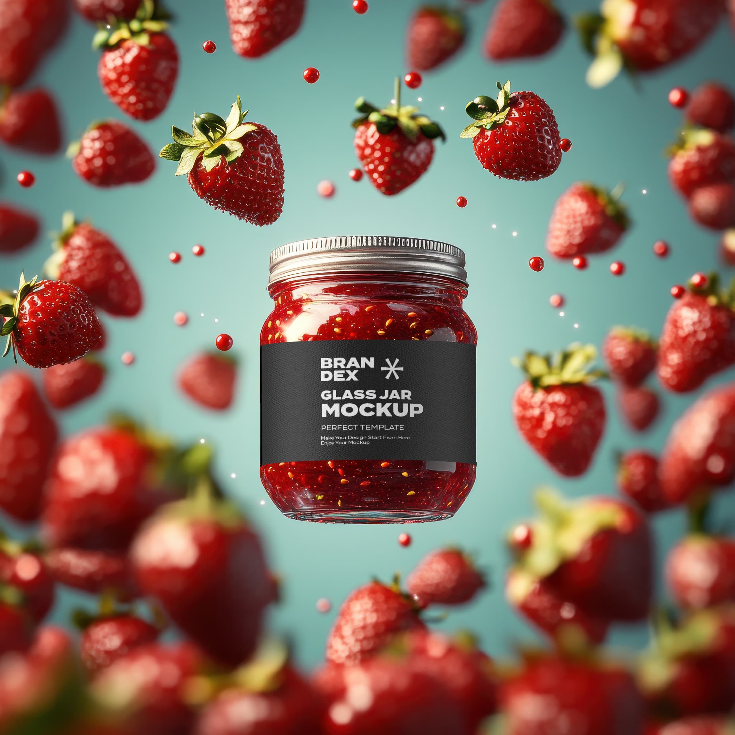 Floating strawberry glass jar mockup
