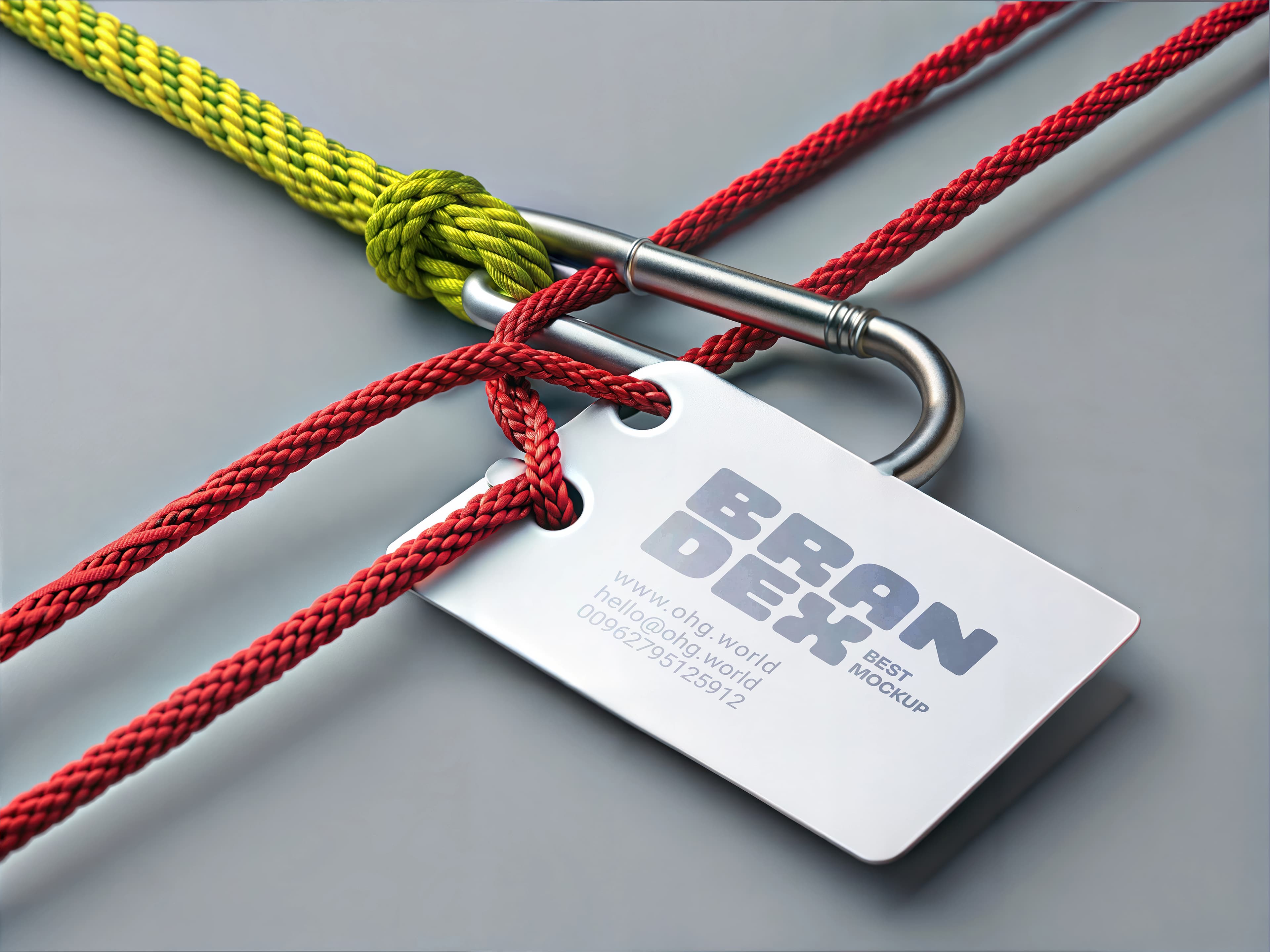 Metal carabiner with ropes tag mockup