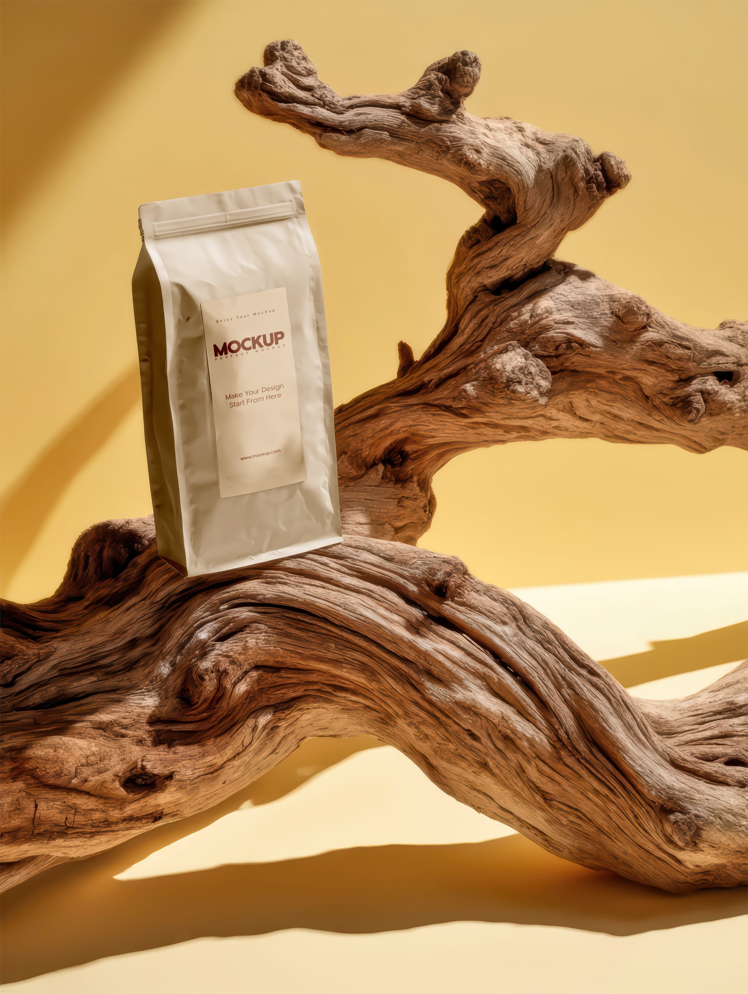 Kraft coffee bag with driftwood mockup