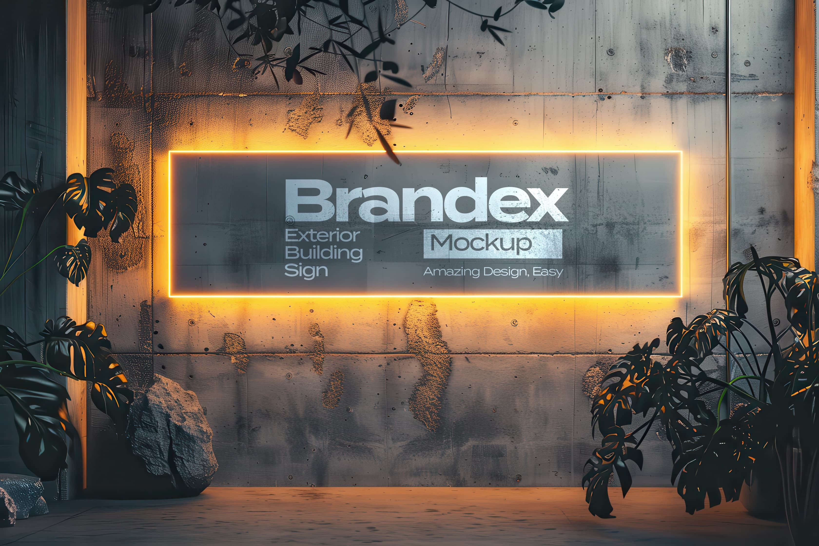 Illuminated concrete wall sign mockup