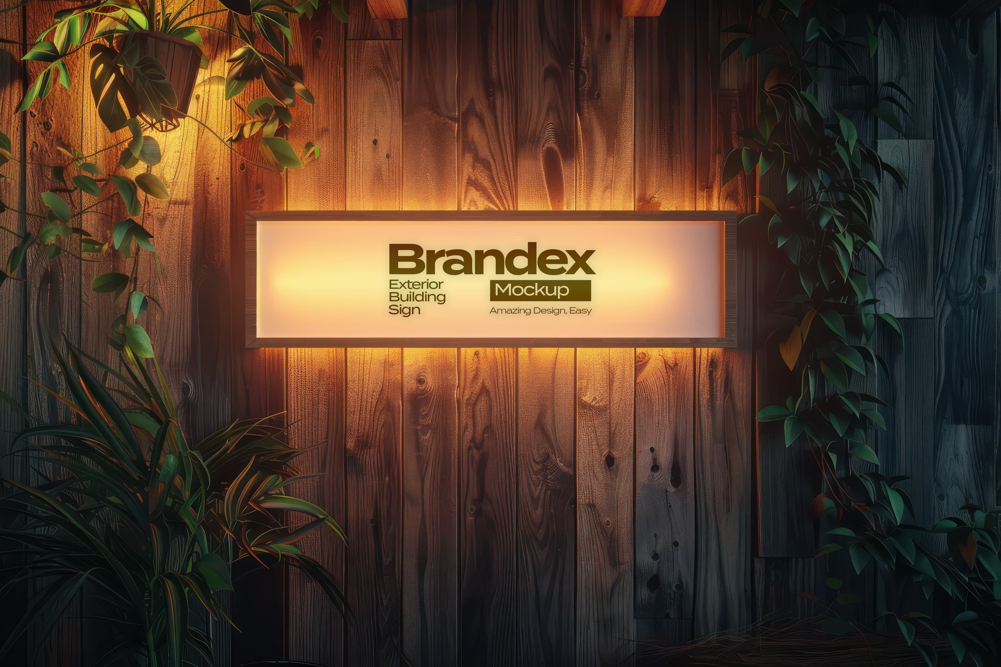 Illuminated wooden wall sign mockup