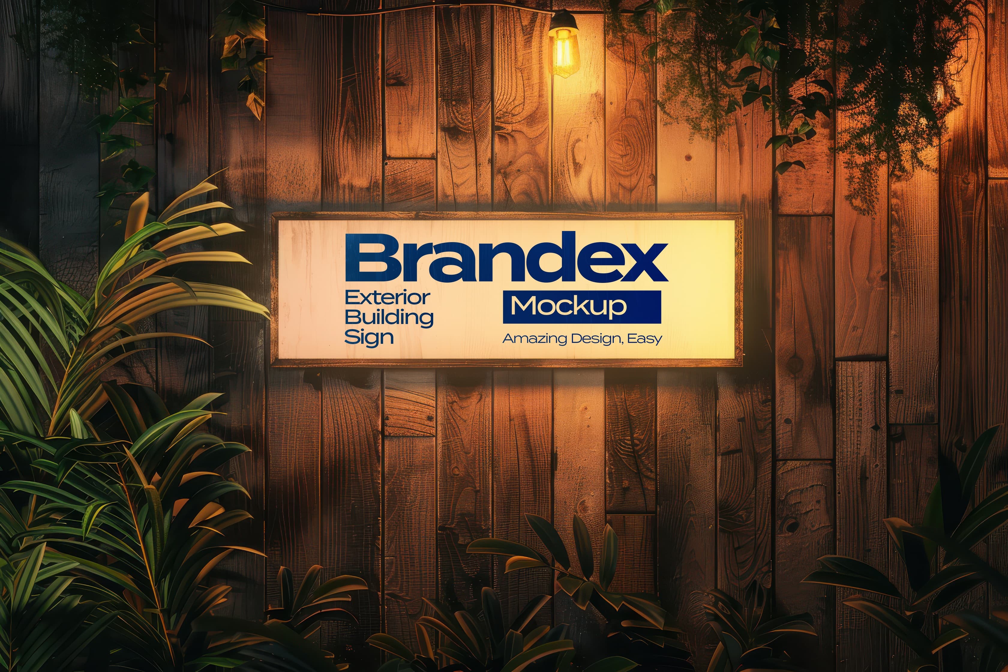 Illuminated wooden building sign mockup
