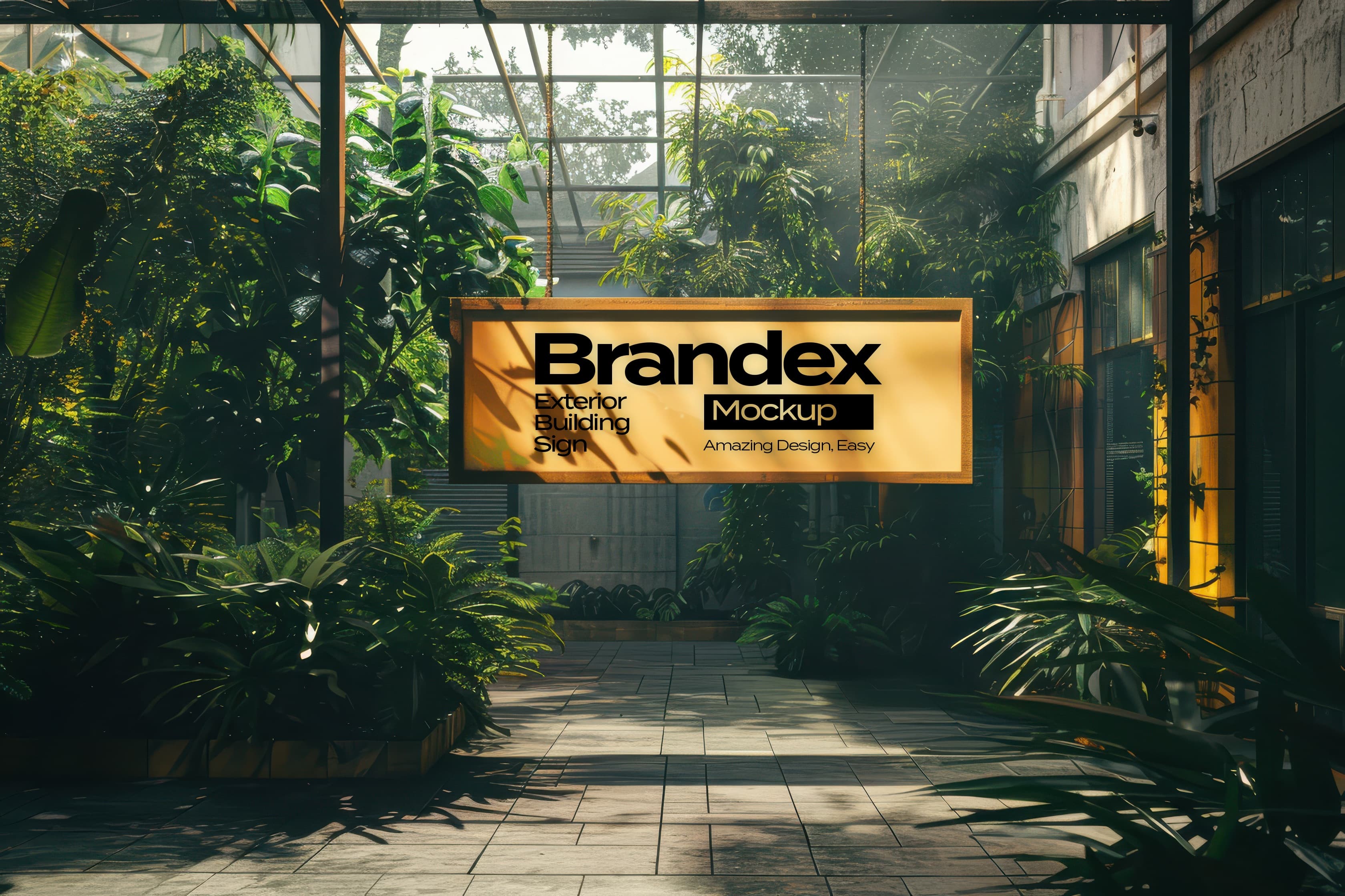 Sunlit garden building sign mockup