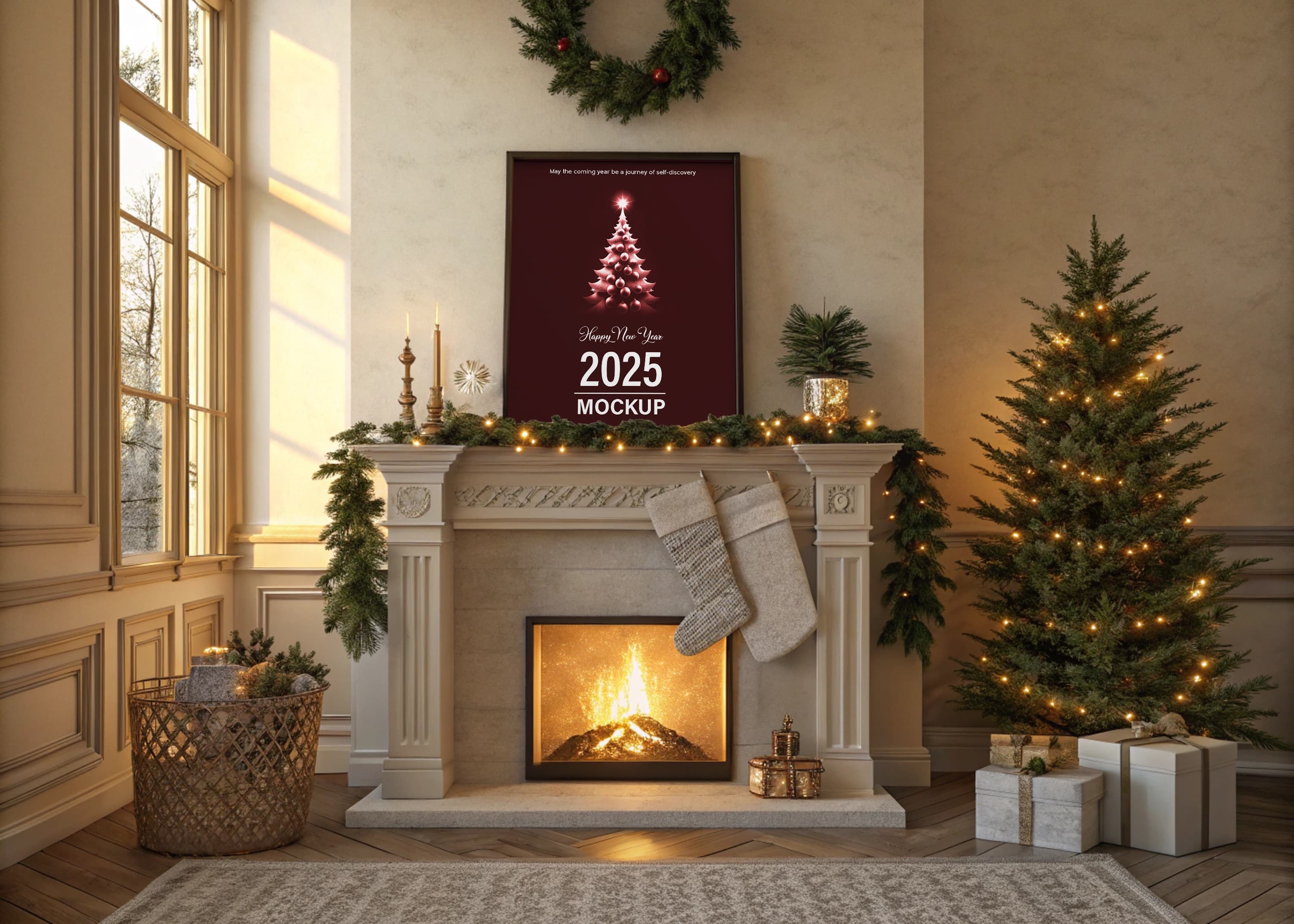 Christmas poster on mantel mockup
