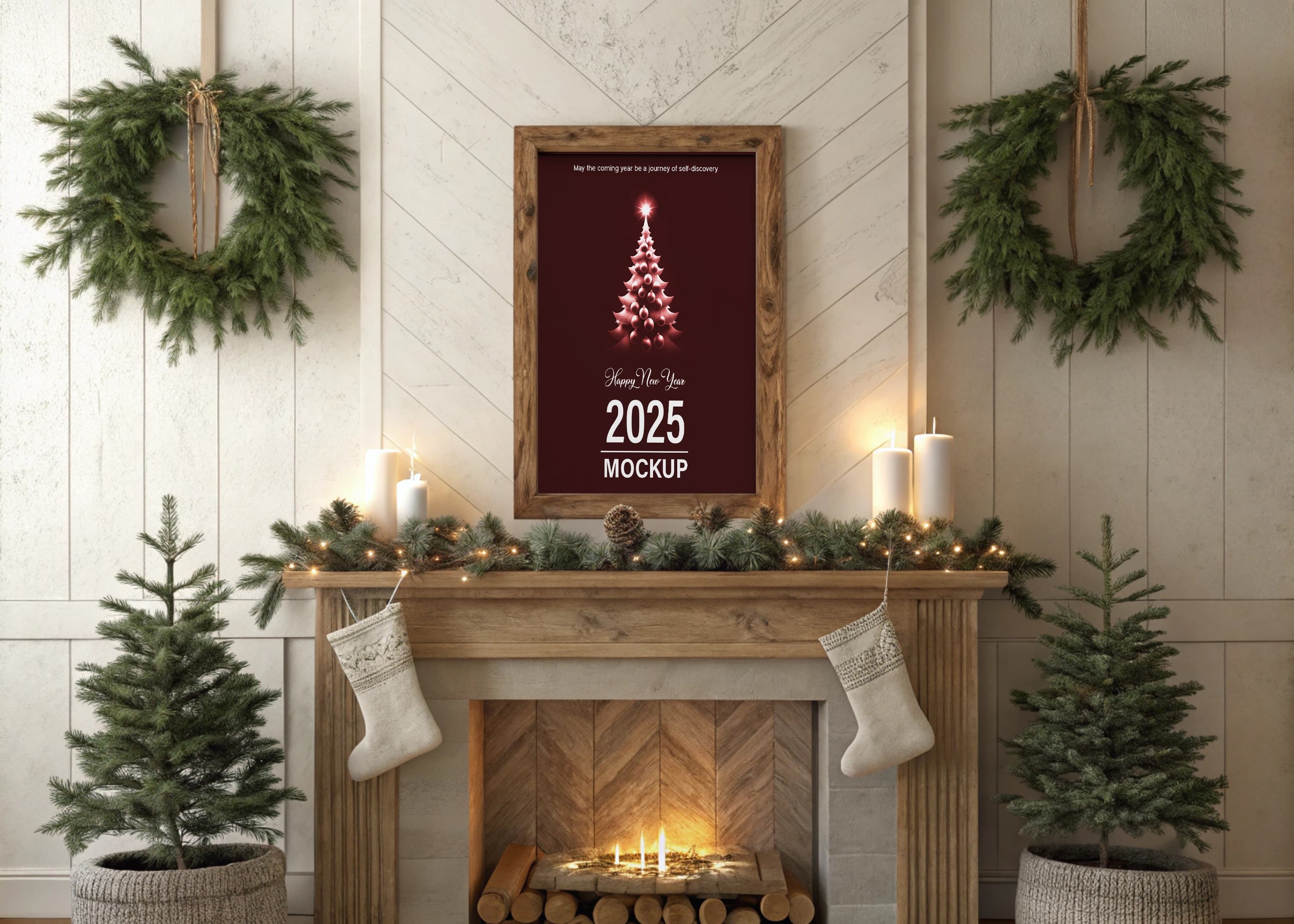 Christmas poster on fireplace mockup