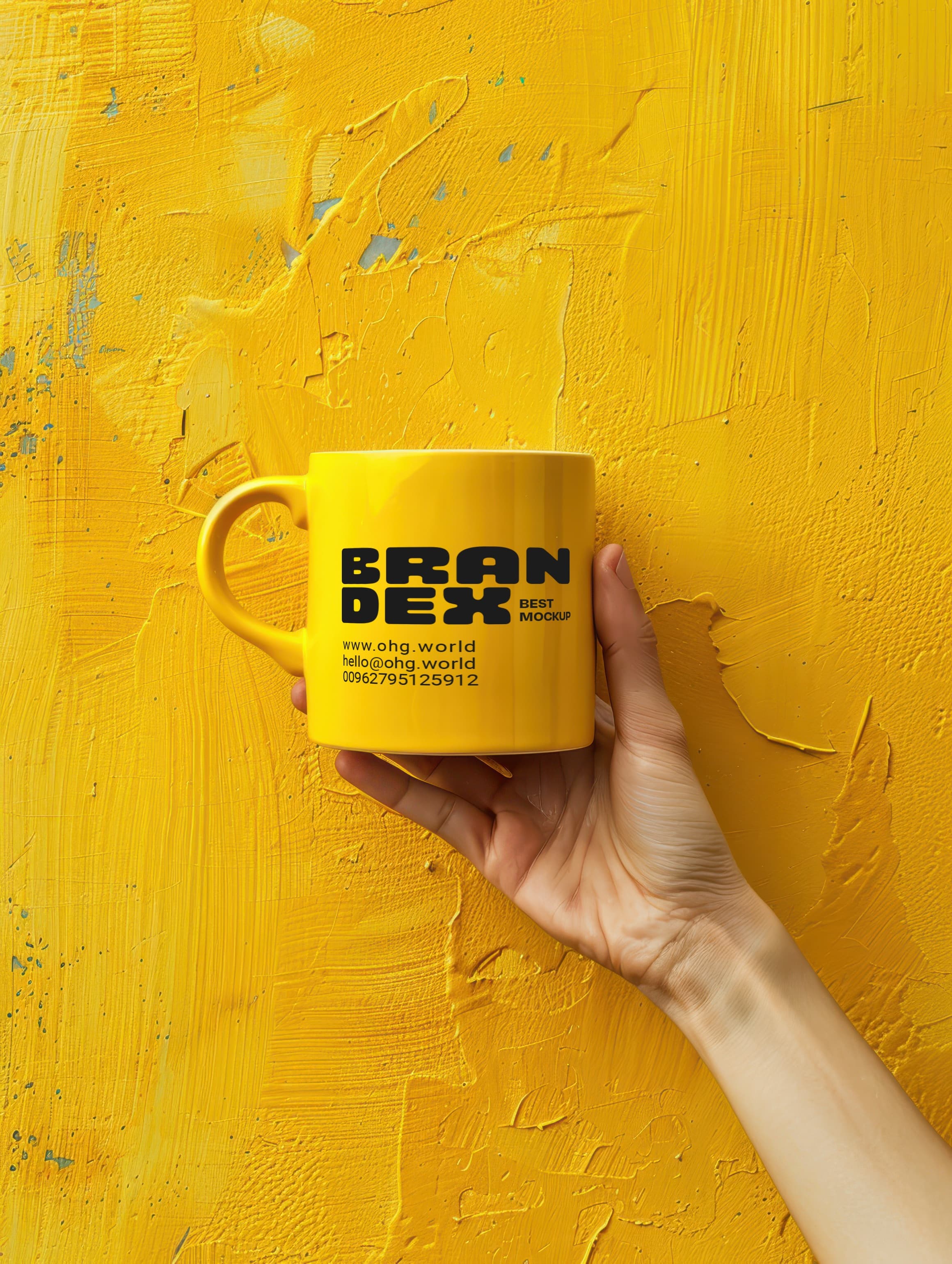Vibrant yellow mug with bold text mockup