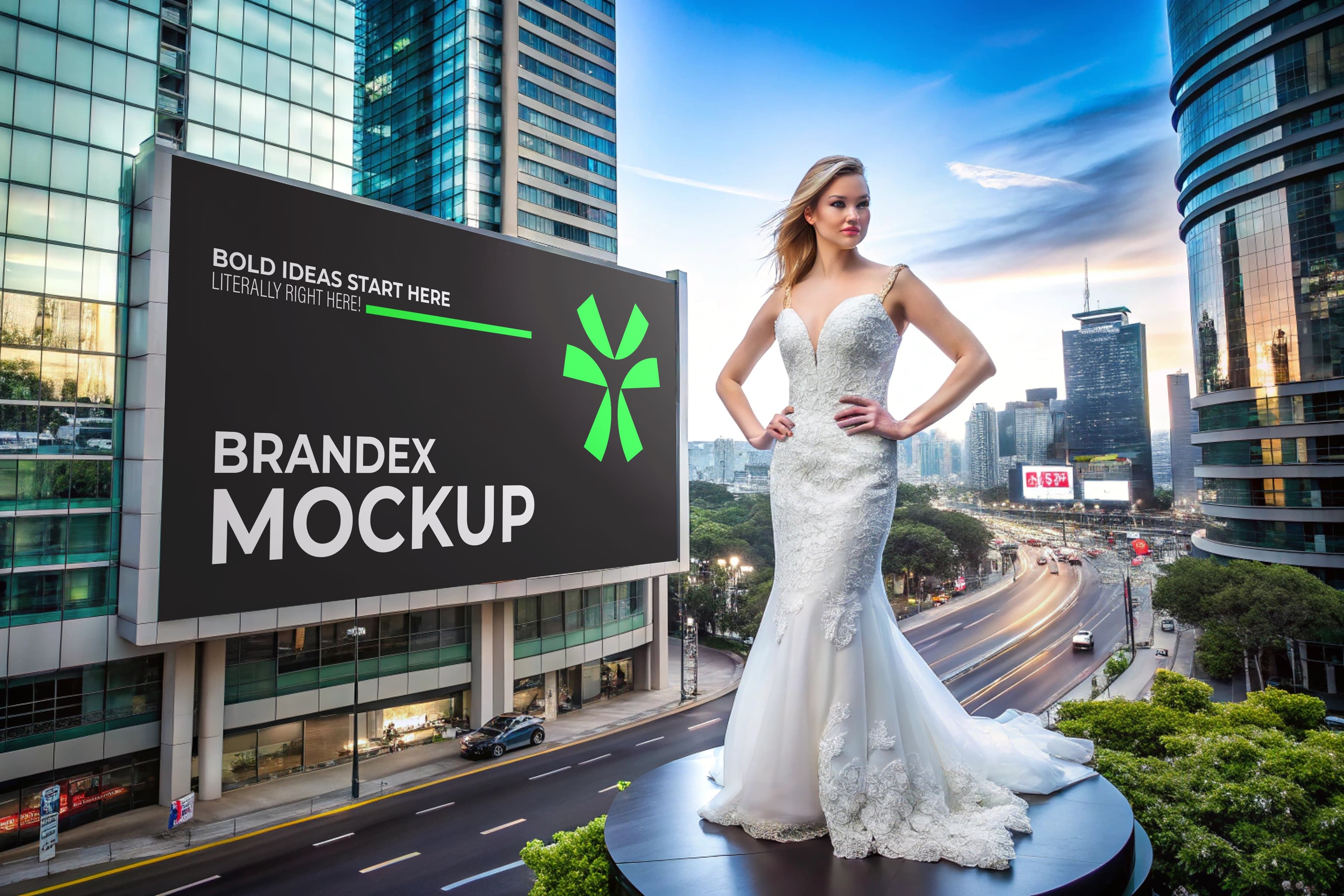 Urban billboard with bridal gown mockup
