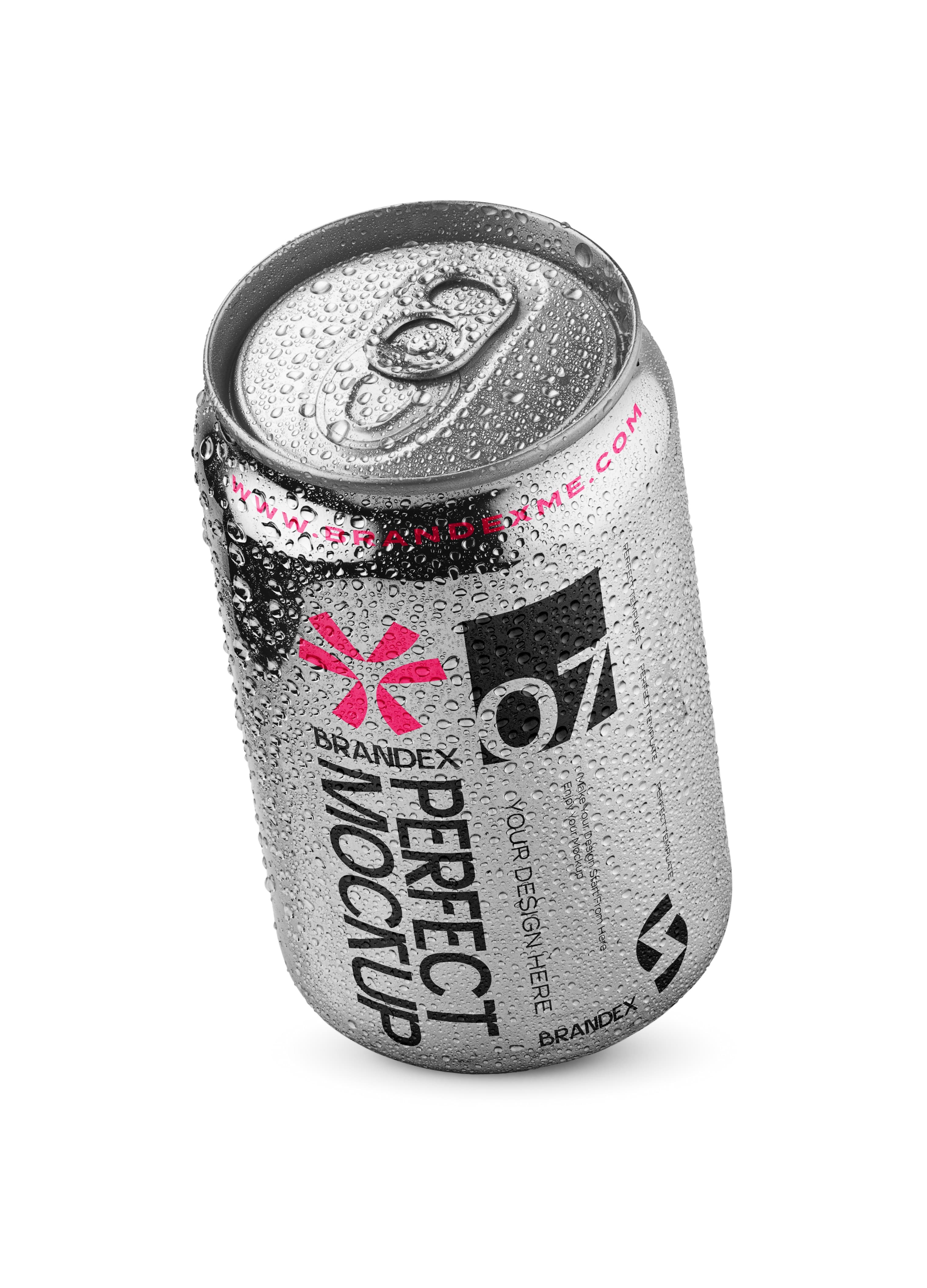 Aluminum soda can with water droplets mockup