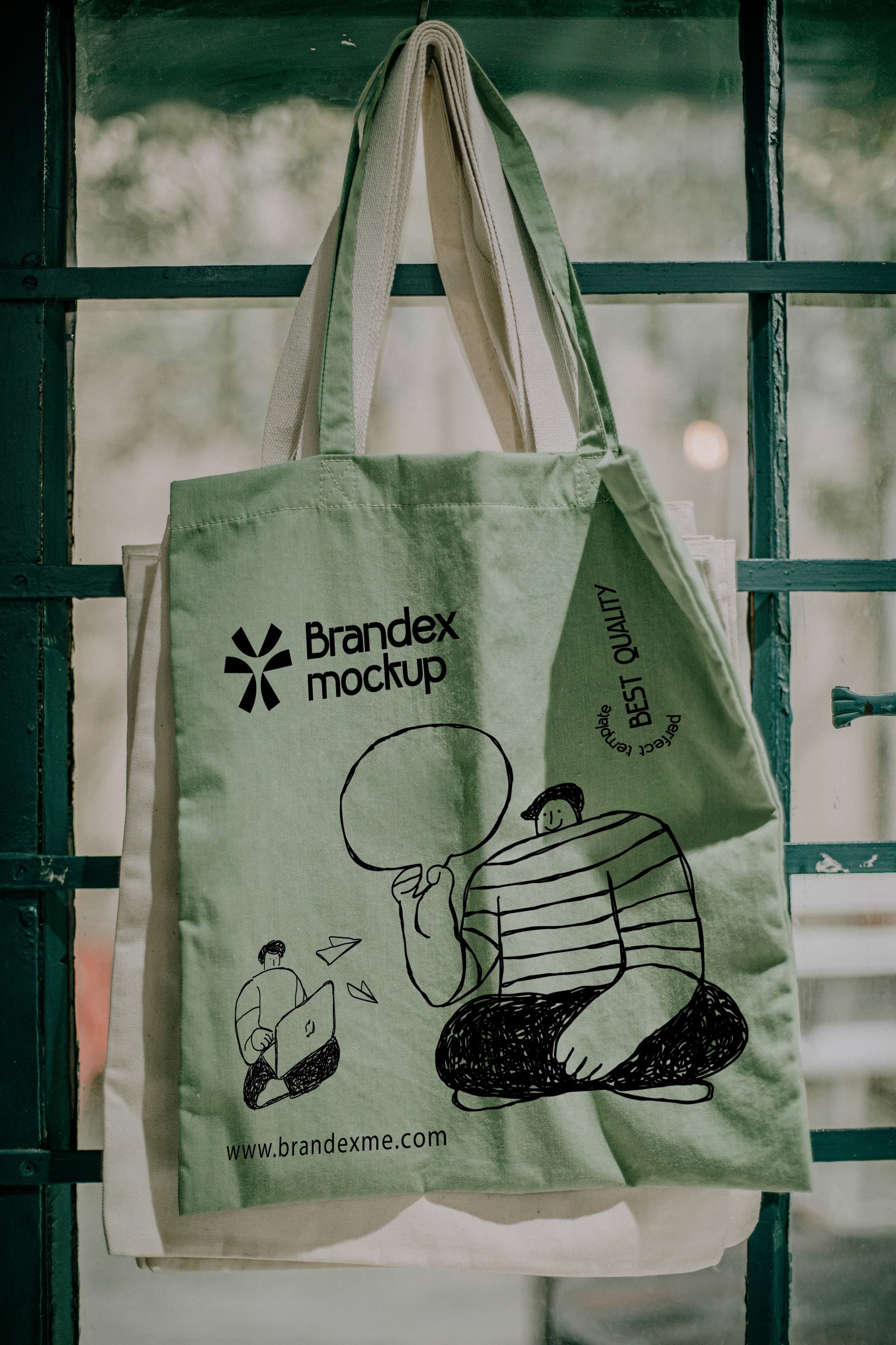 Green illustrated tote bag mockup