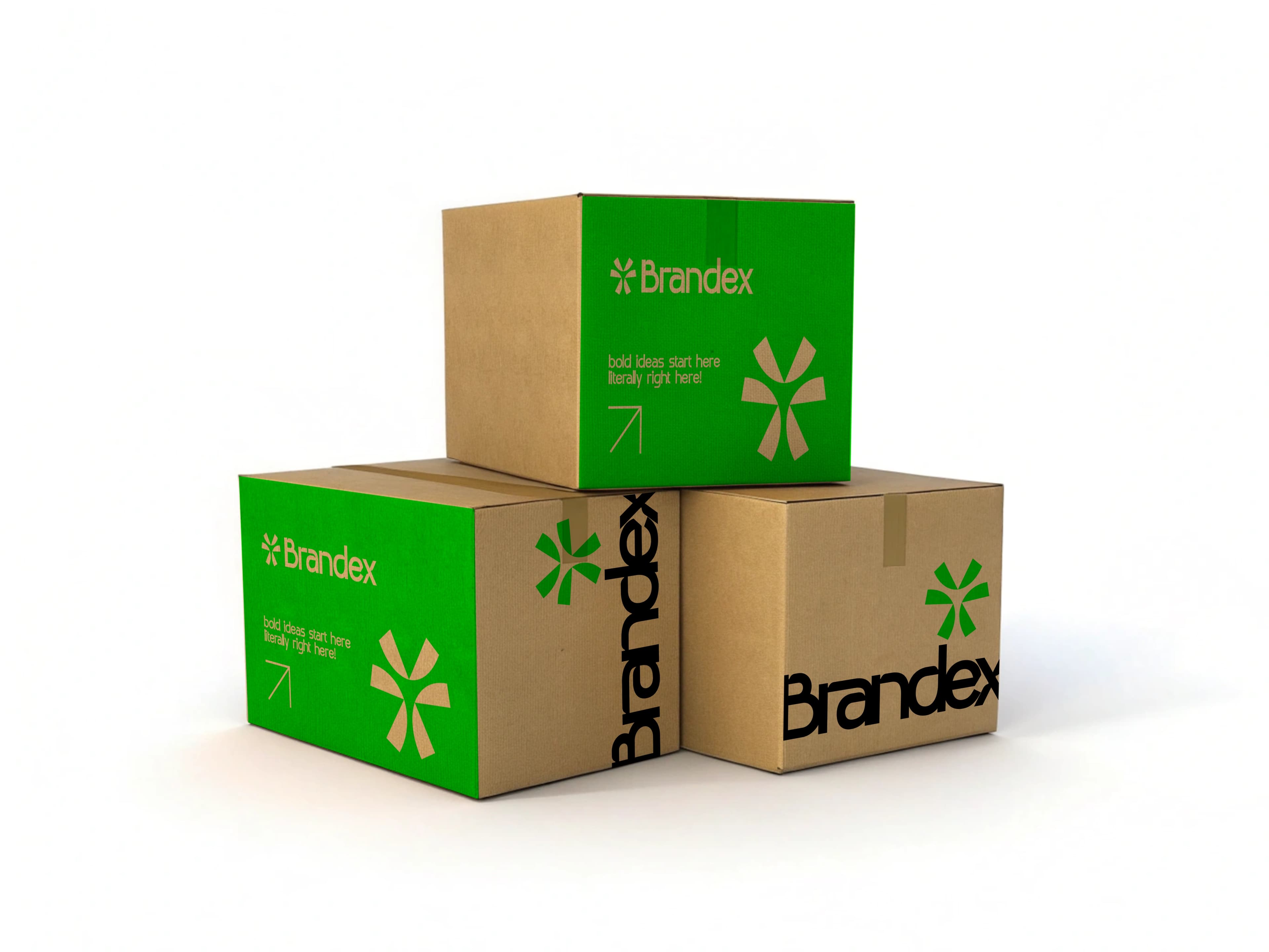 Stacked cardboard boxes with green labels mockup