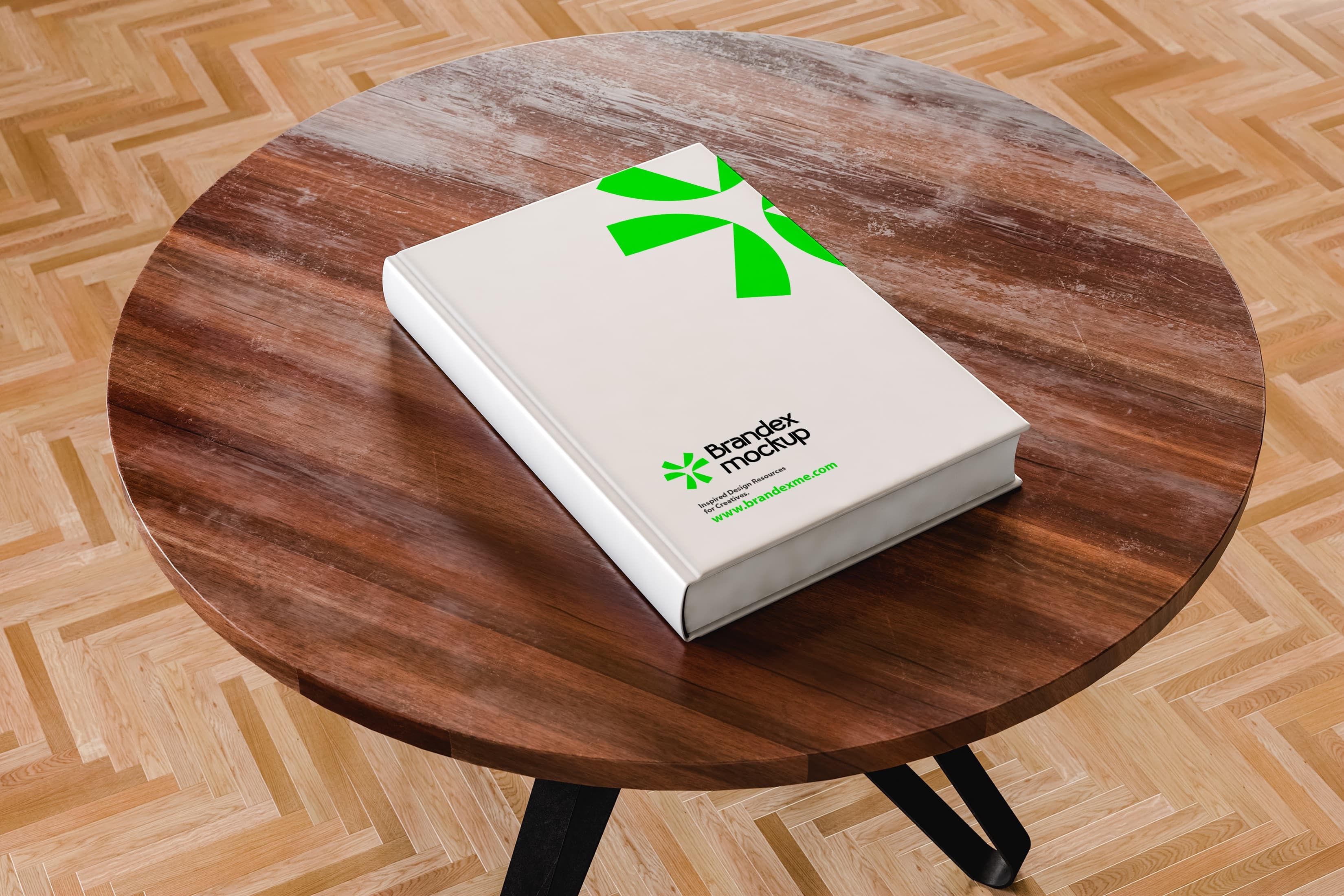Hardcover book on wooden table mockup