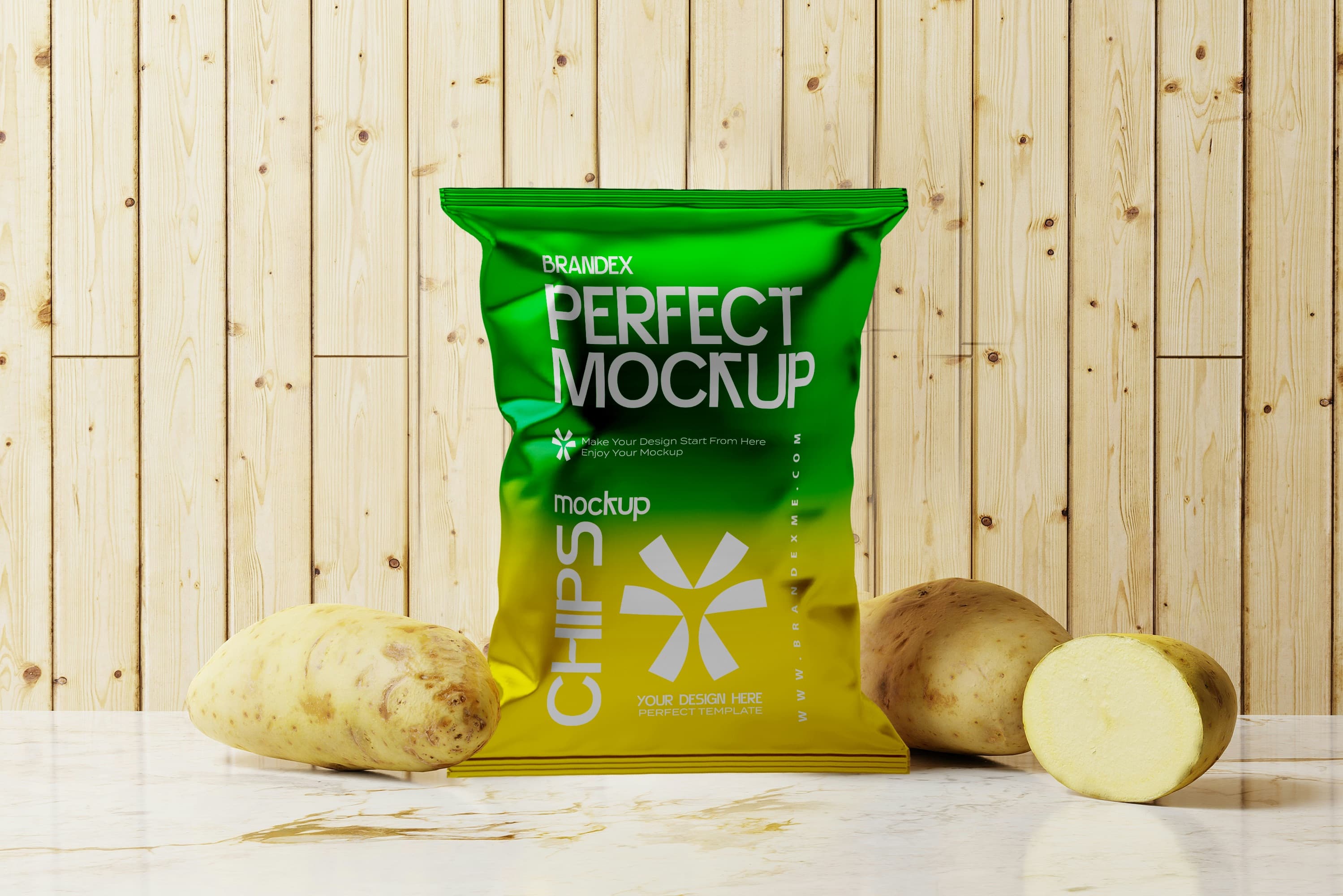 Green and yellow potato chip bag mockup