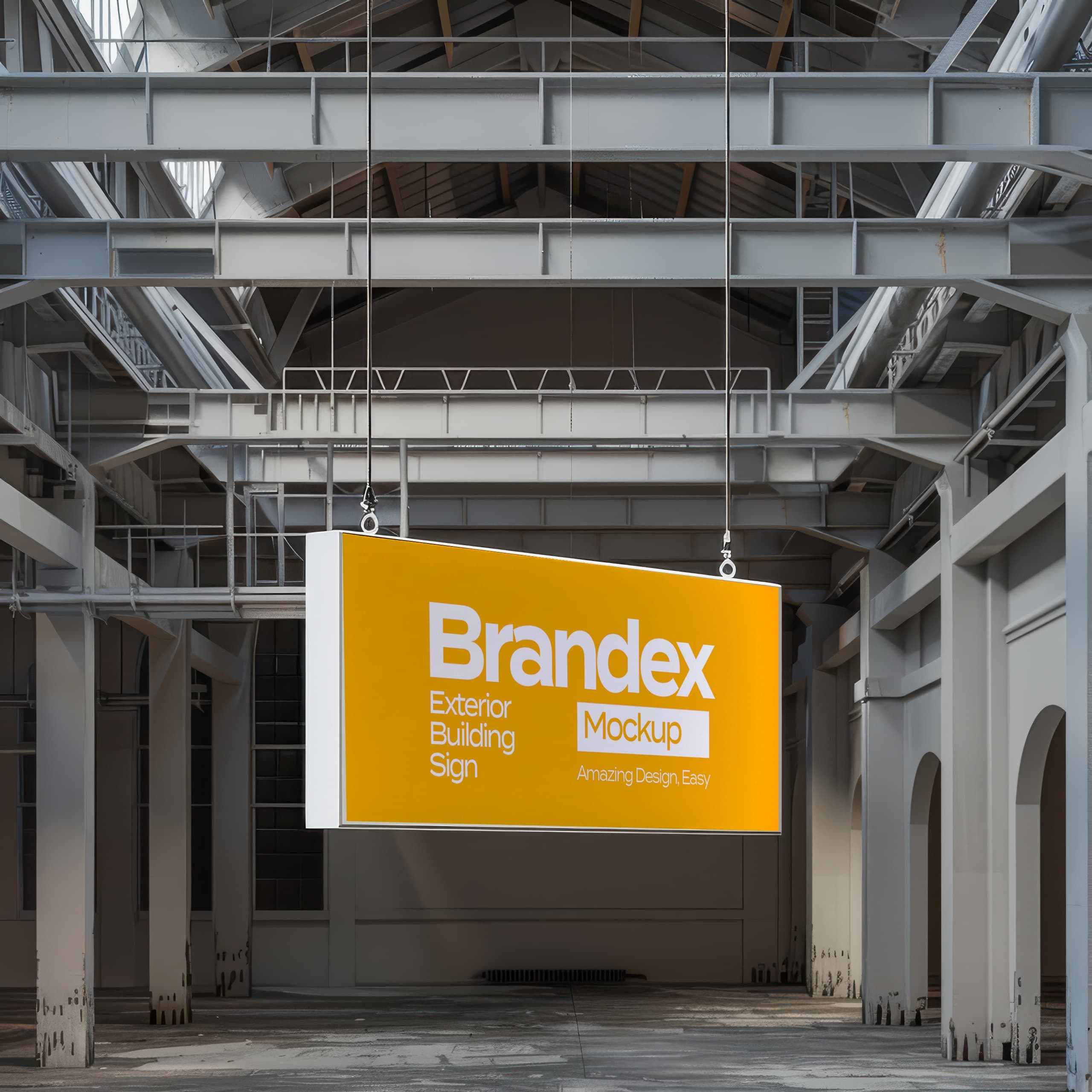 Yellow industrial hanging sign mockup