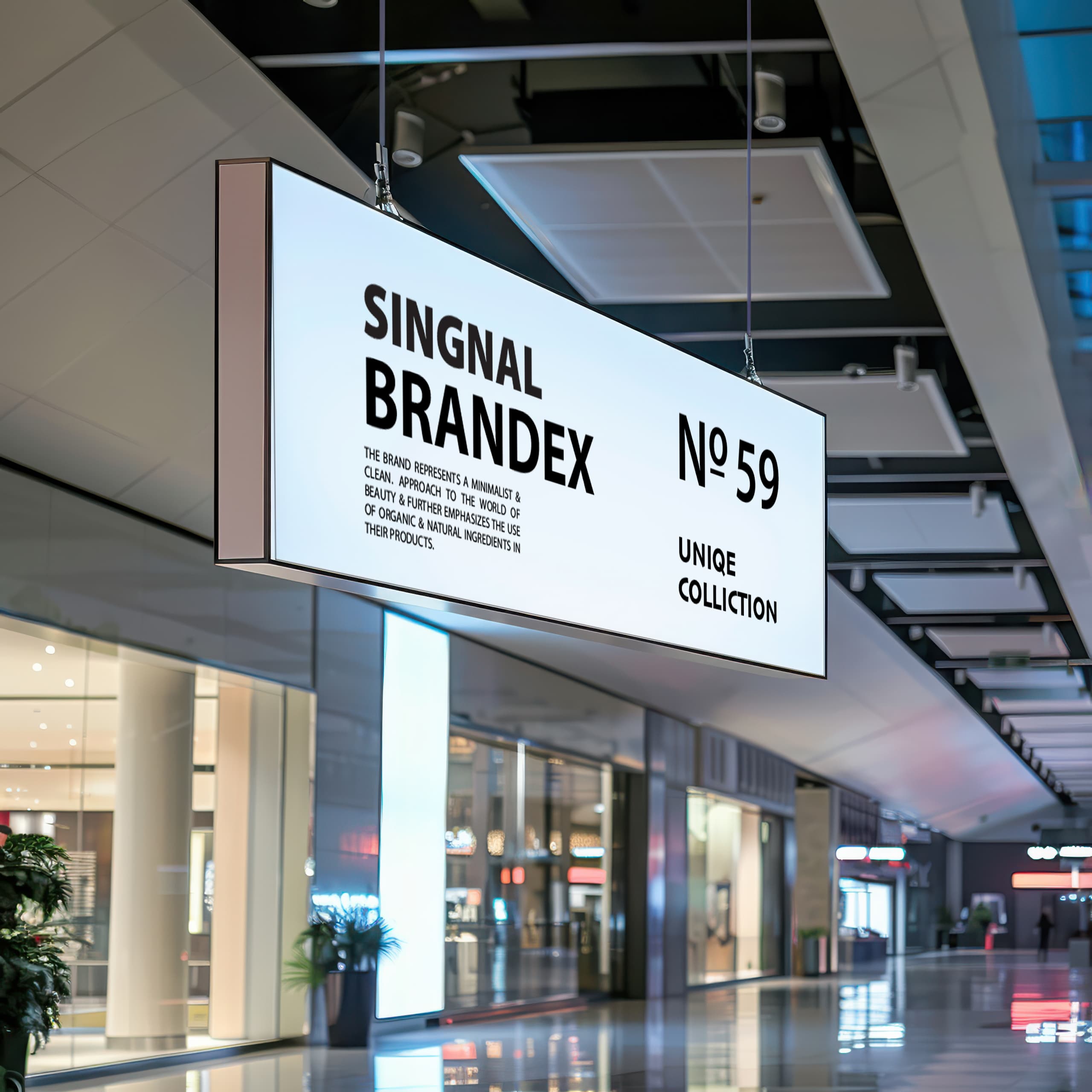 Hanging illuminated indoor signage mockup
