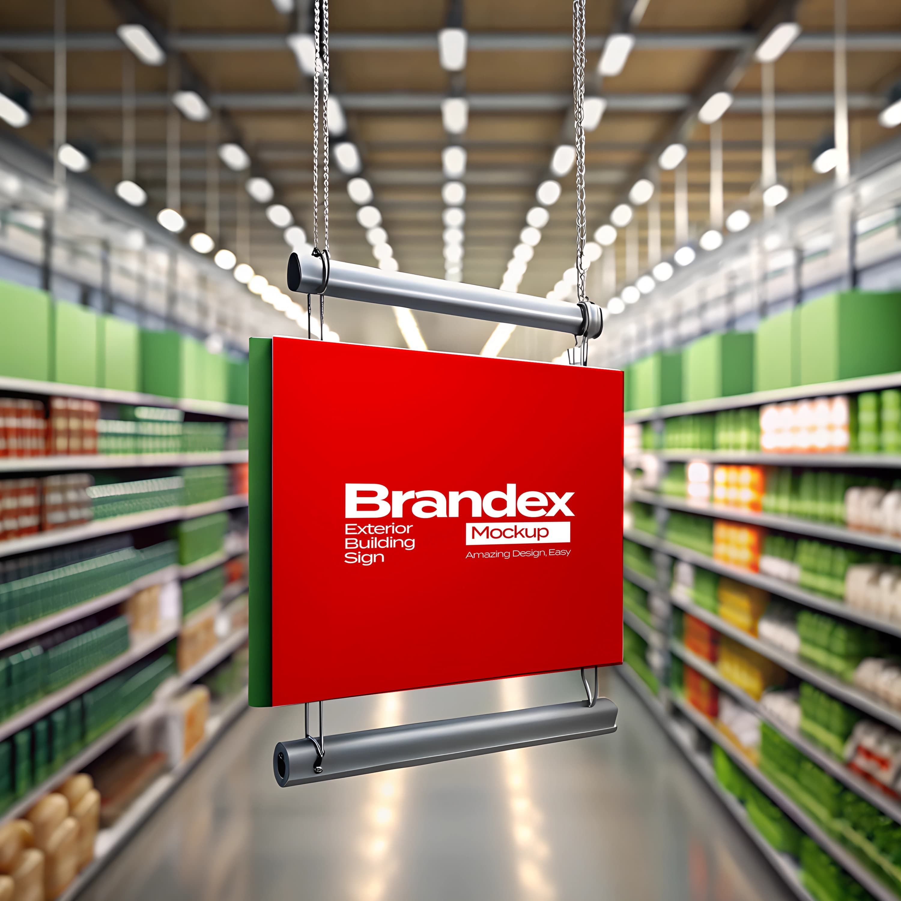 Red hanging supermarket sign mockup