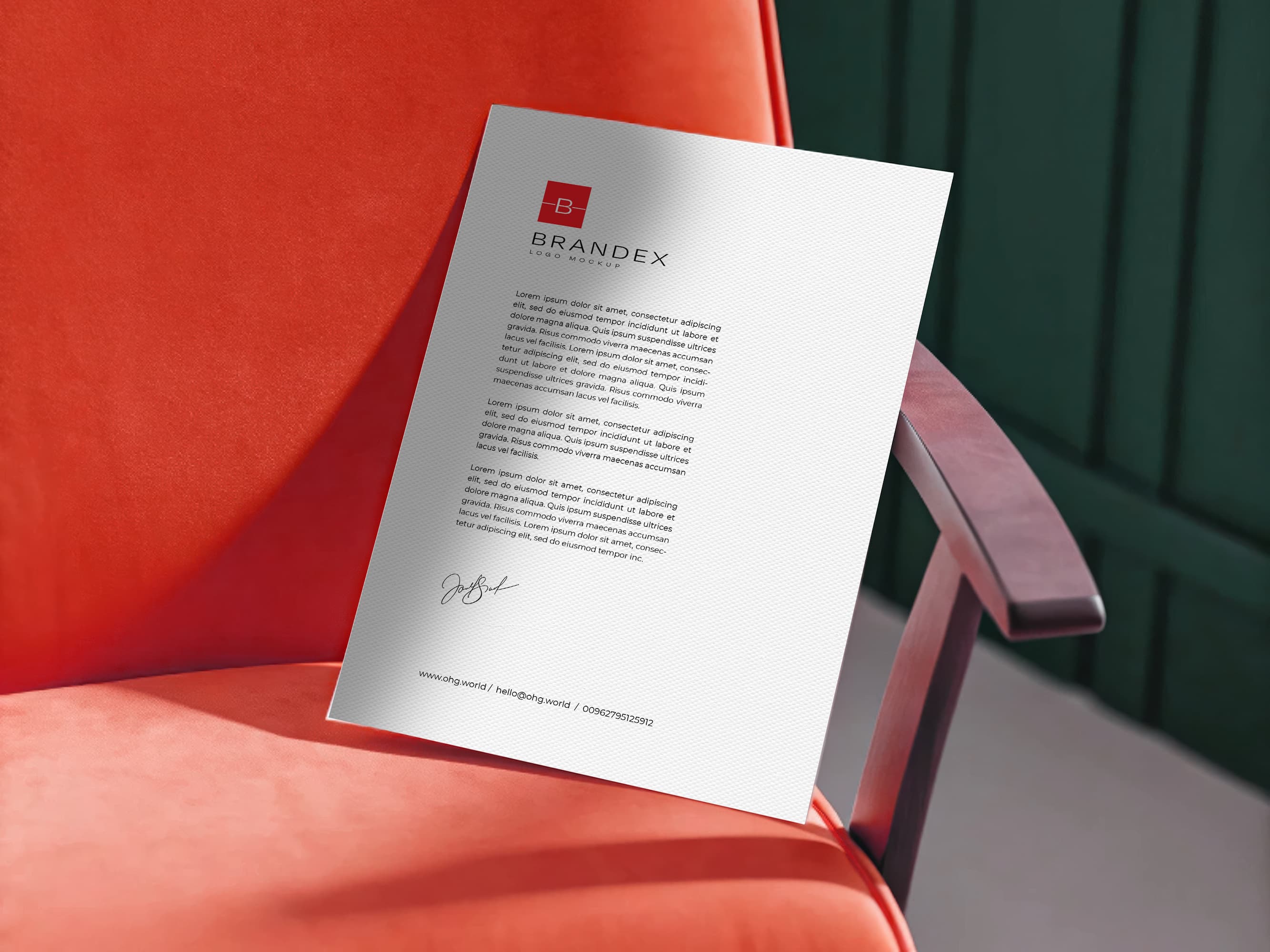 Modern letterhead mockup on orange chair