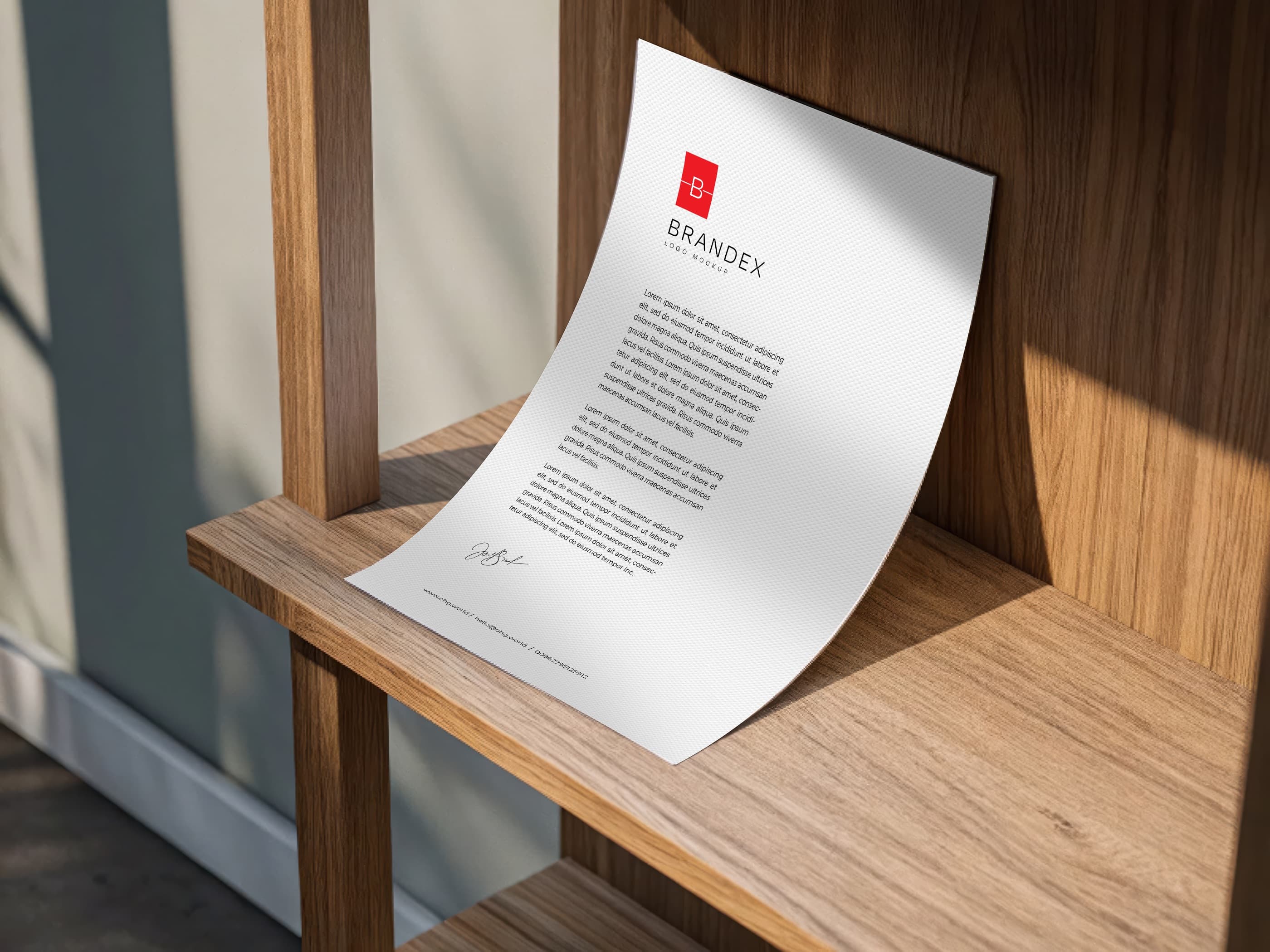 Letterhead on wooden shelf mockup