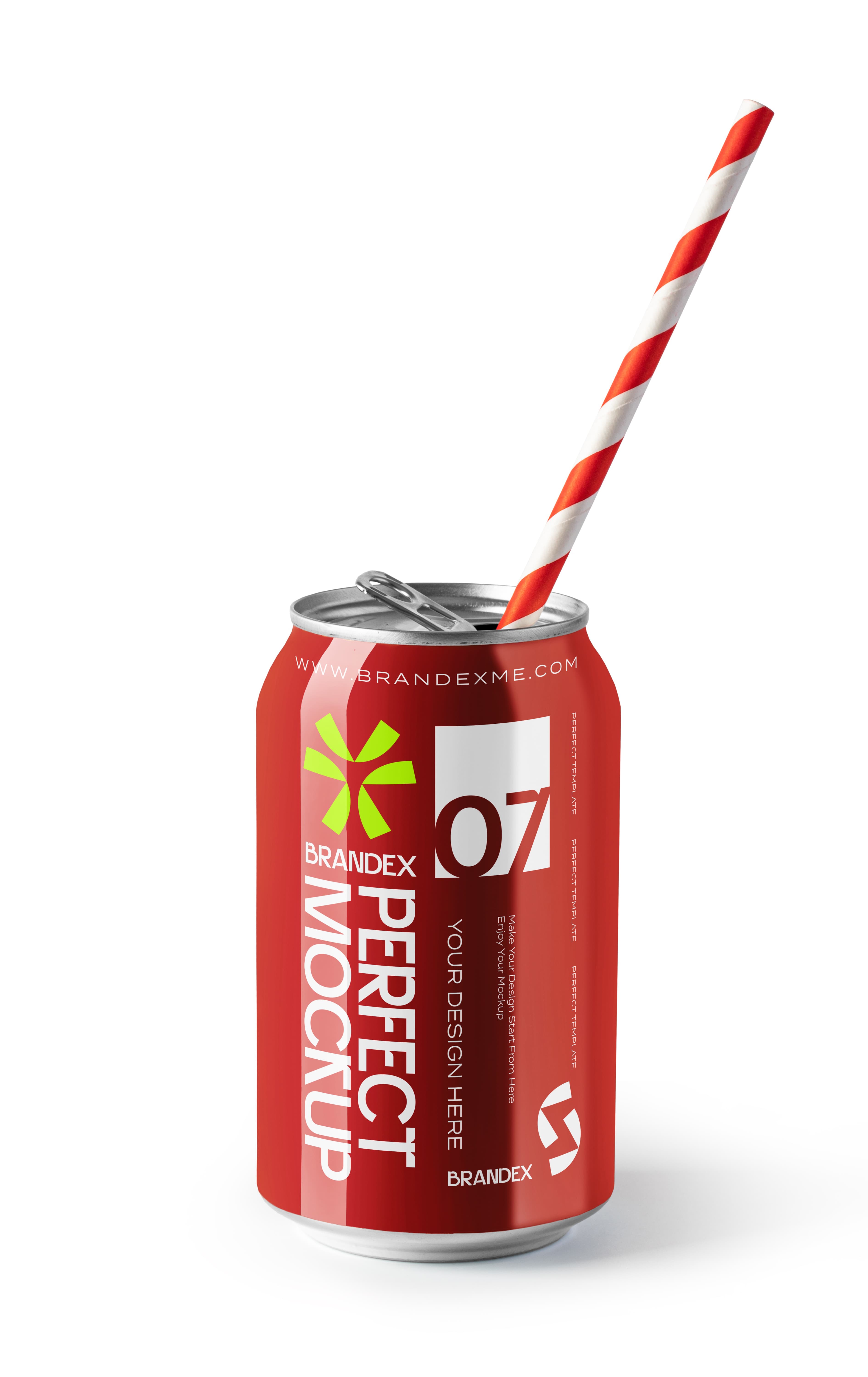 Red soda can with striped straw mockup