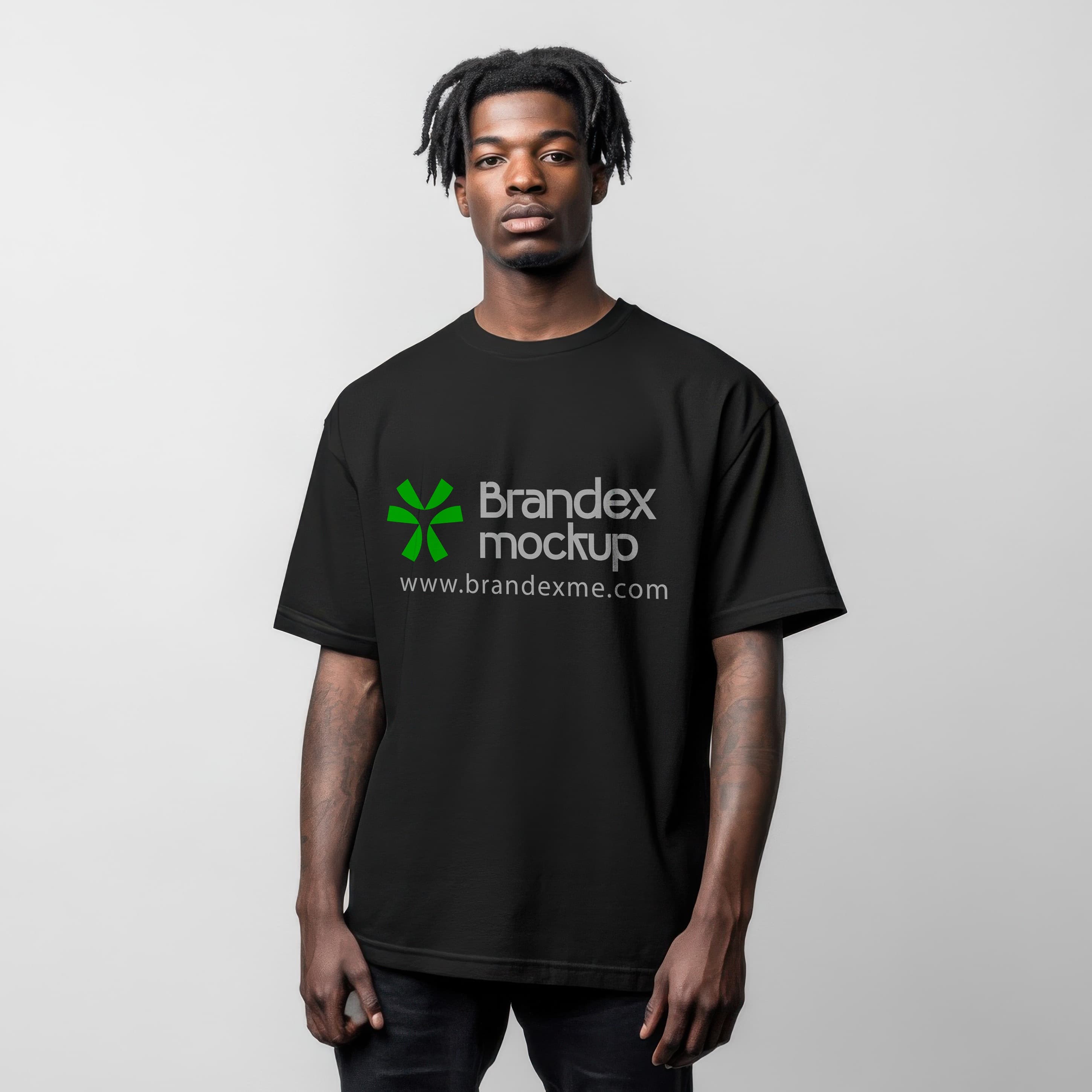 Black t-shirt mockup with green logo