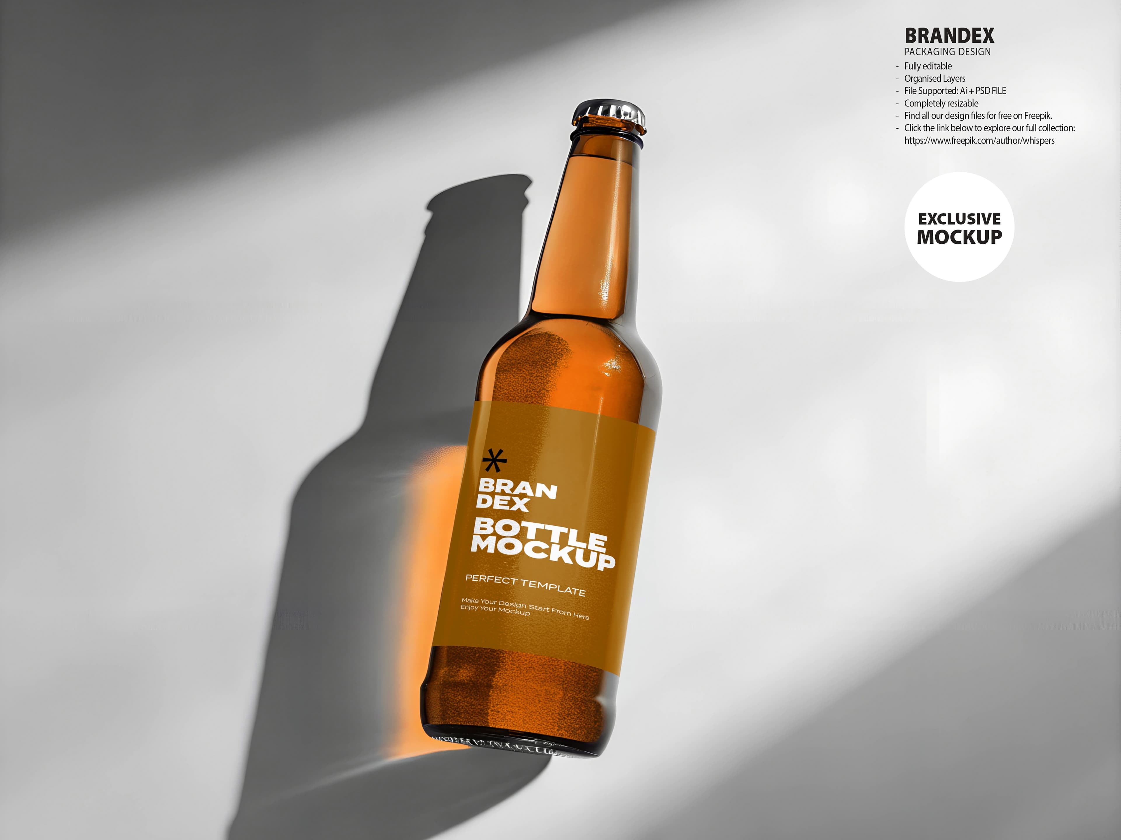 Angled Amber Glass Beer Bottle Mockup with Warm Lighting Shadows