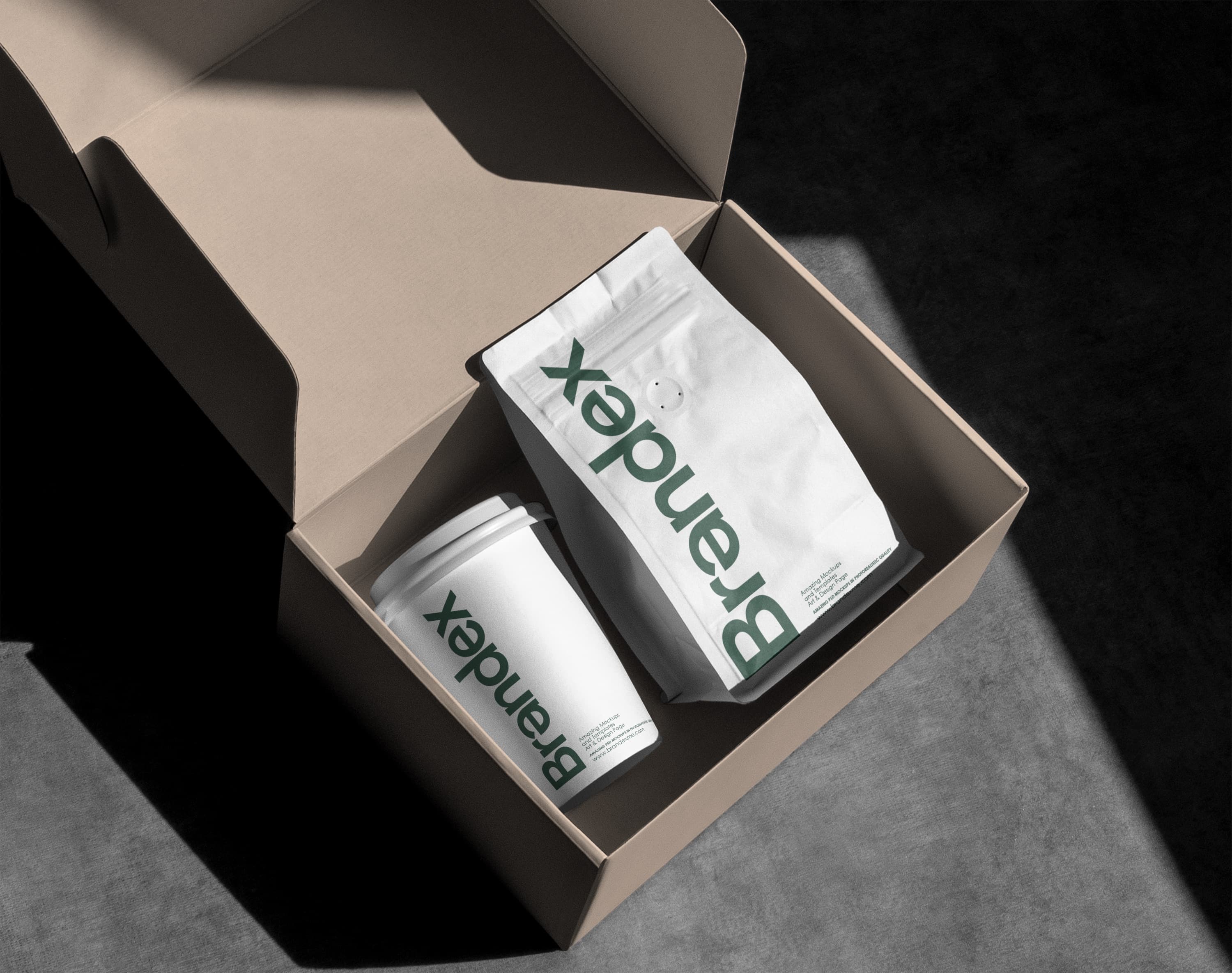 Branded coffee package and cup mockup