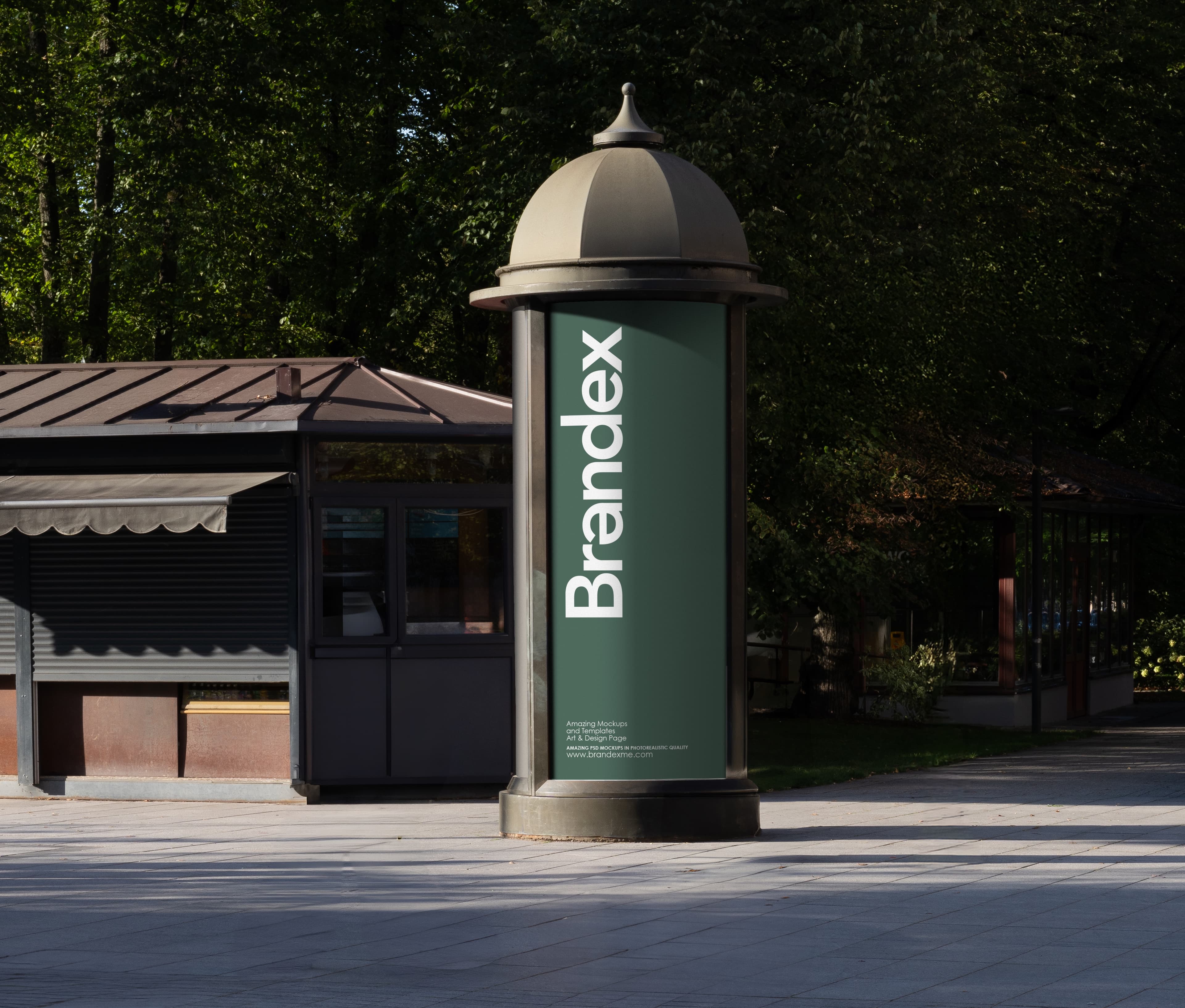 Green cylindrical advertising kiosk mockup