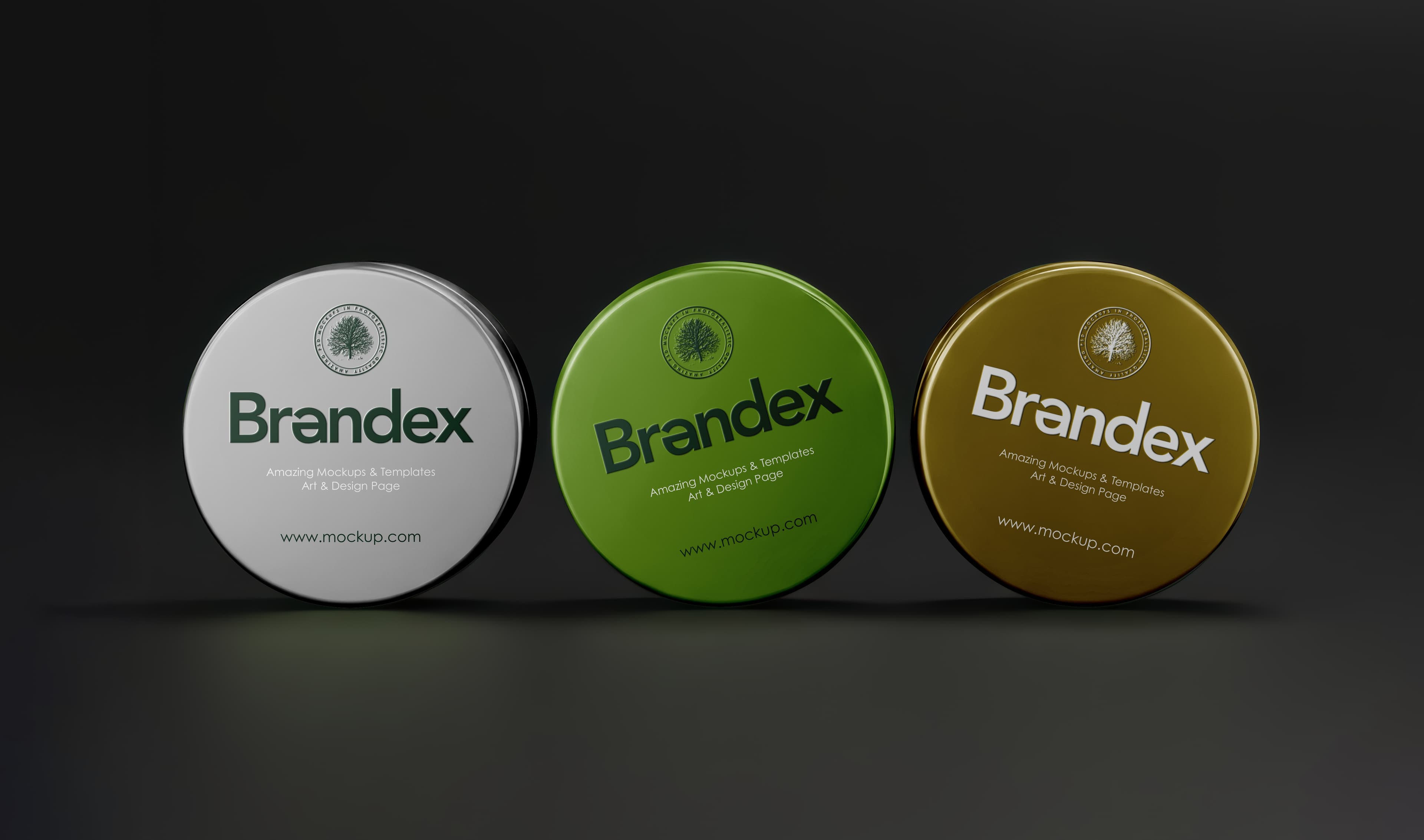 Product Packaging Round Tin Container Mockup Silver Green Bronze