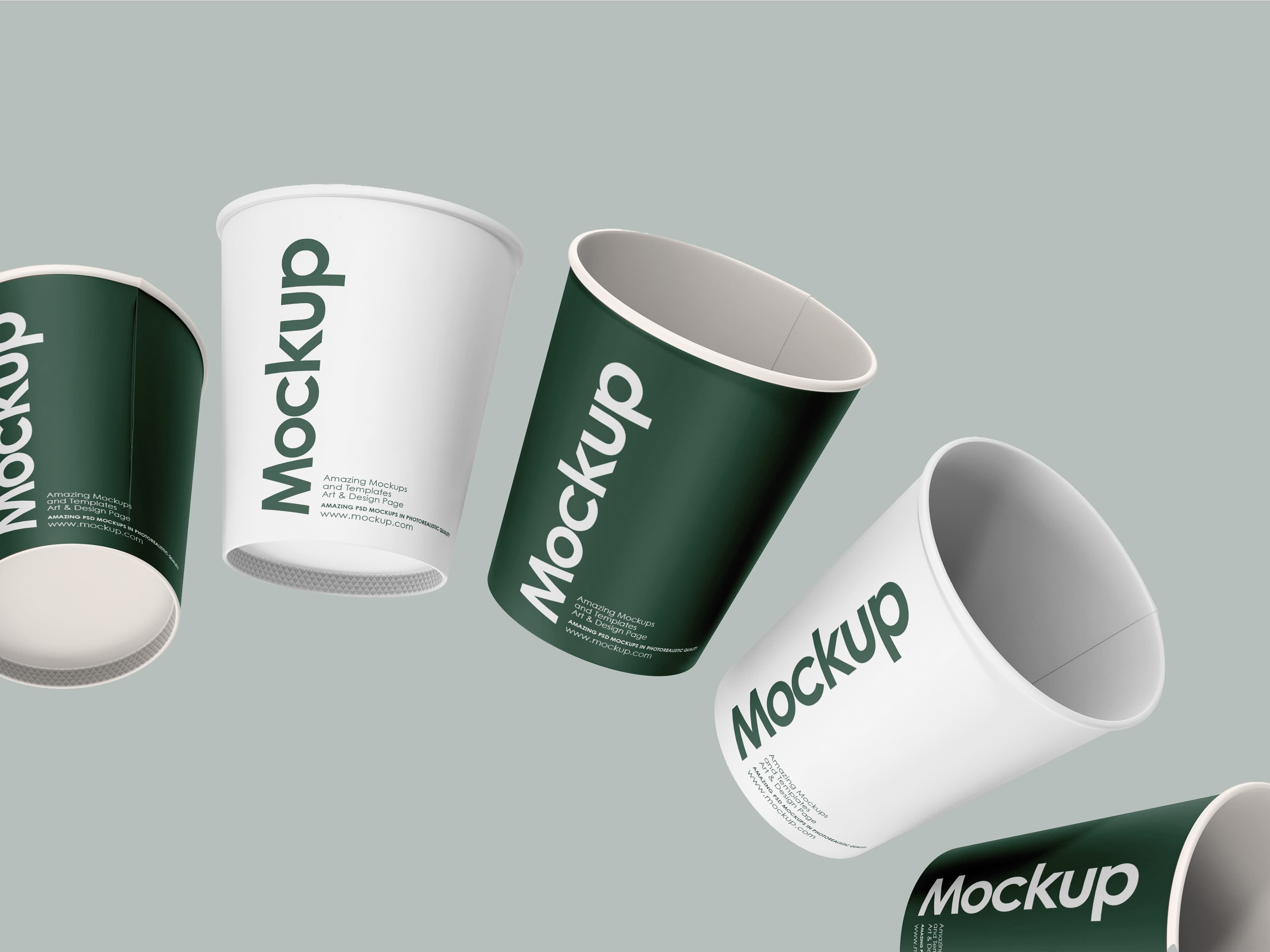 Floating paper cups with green label mockup