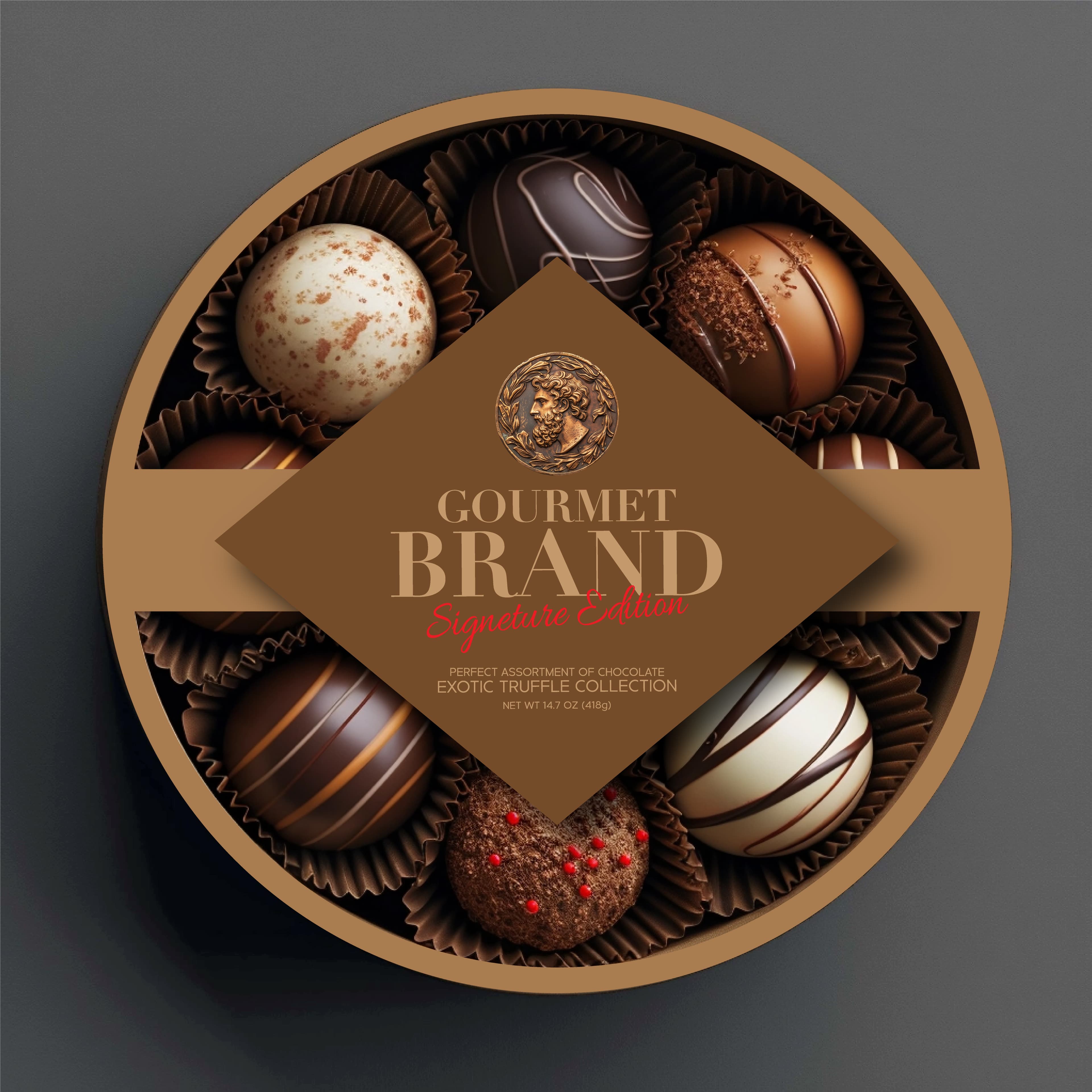 Luxurious brown chocolate truffle box packaging design