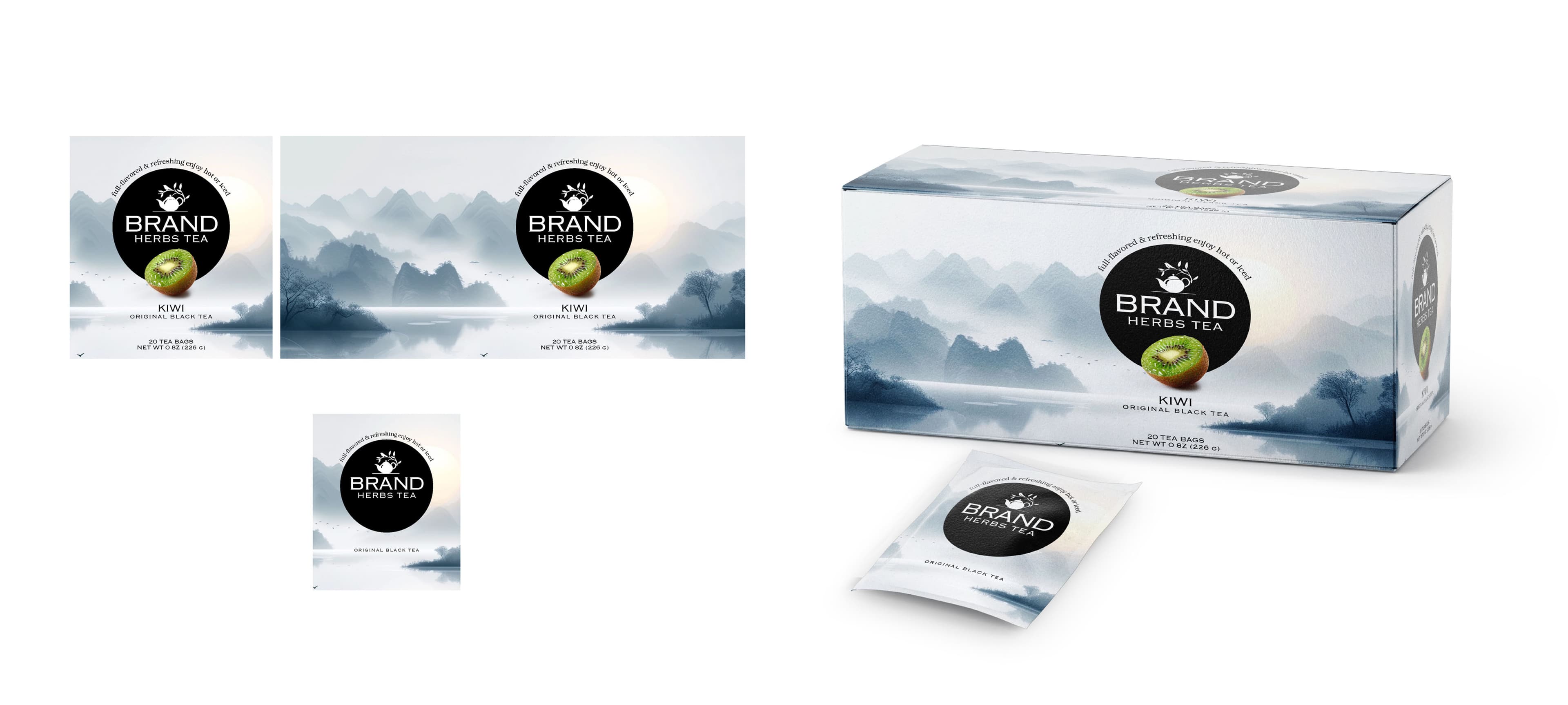 Serene landscape kiwi tea packaging design