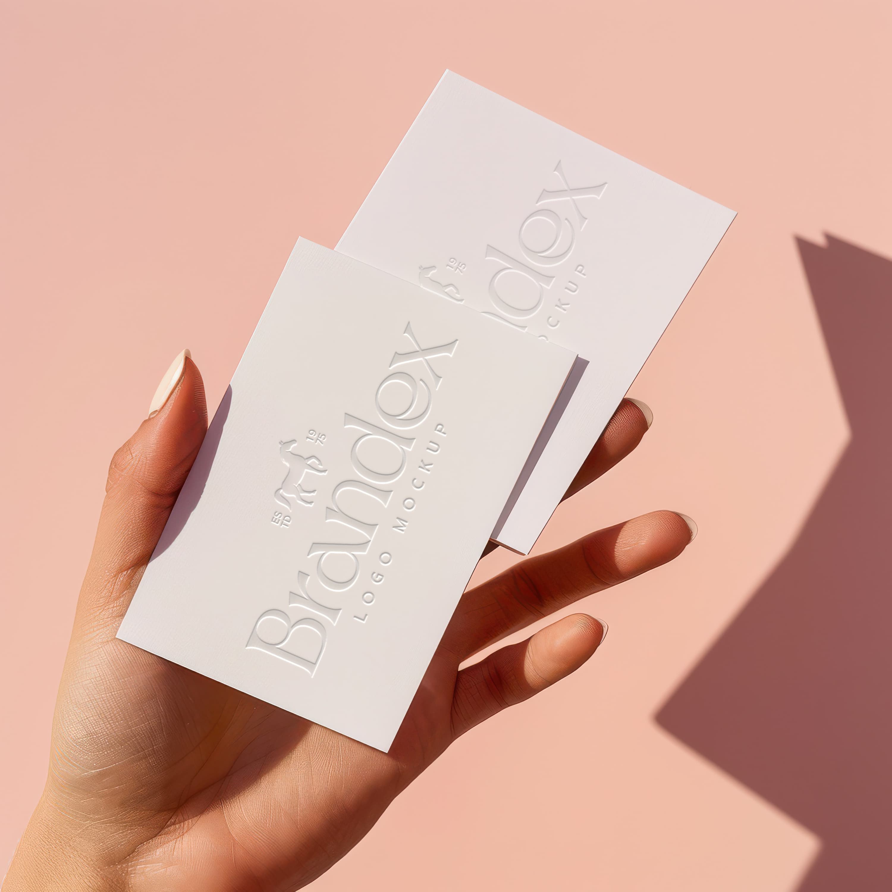 Hand Holding Embossed White Business Cards Mockup on Pink Surface