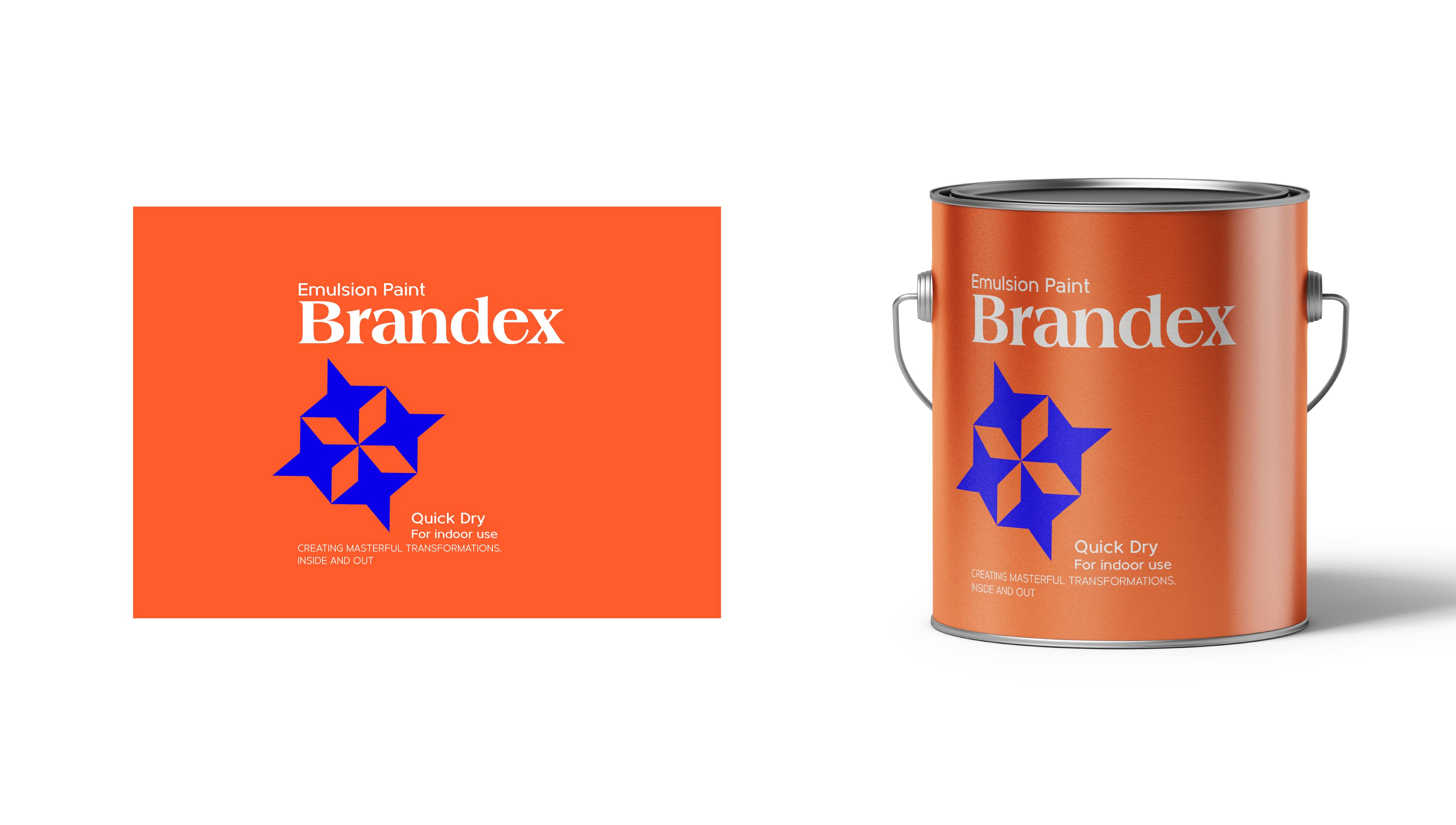 Vibrant Orange Paint Can Design with Blue Geometric Logo