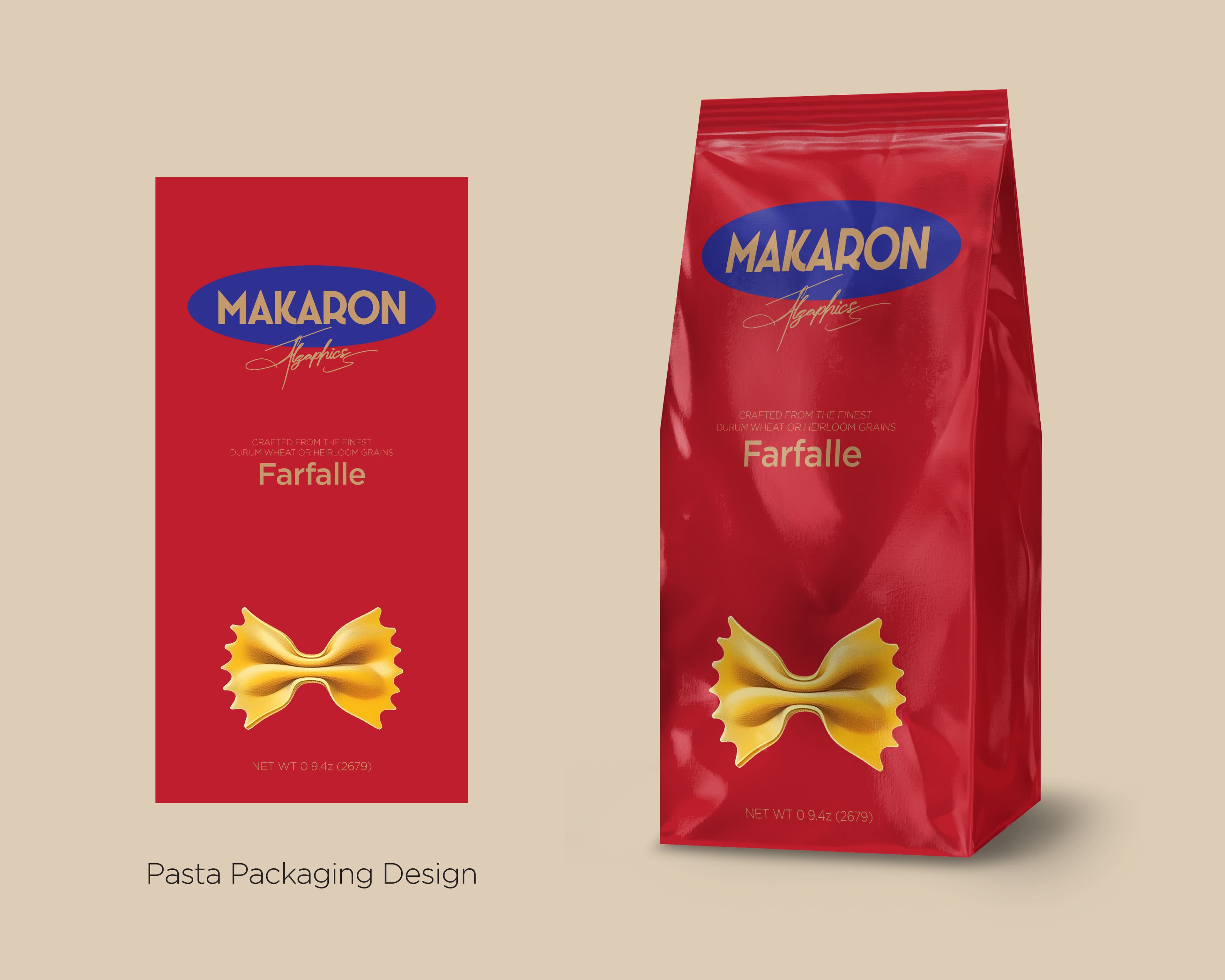 Vibrant red farfalle pasta packaging design