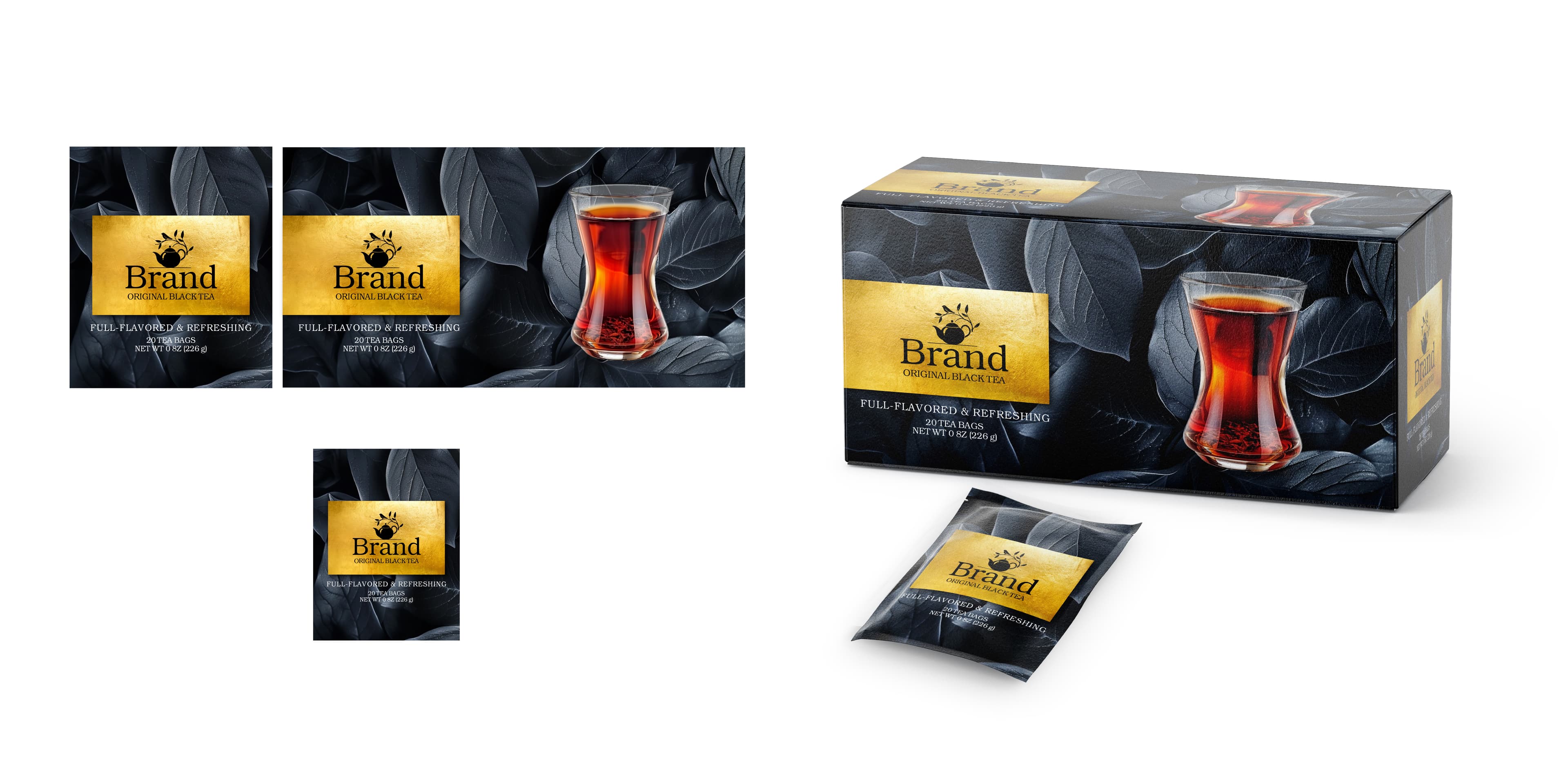 Elegant black and gold tea box packaging design